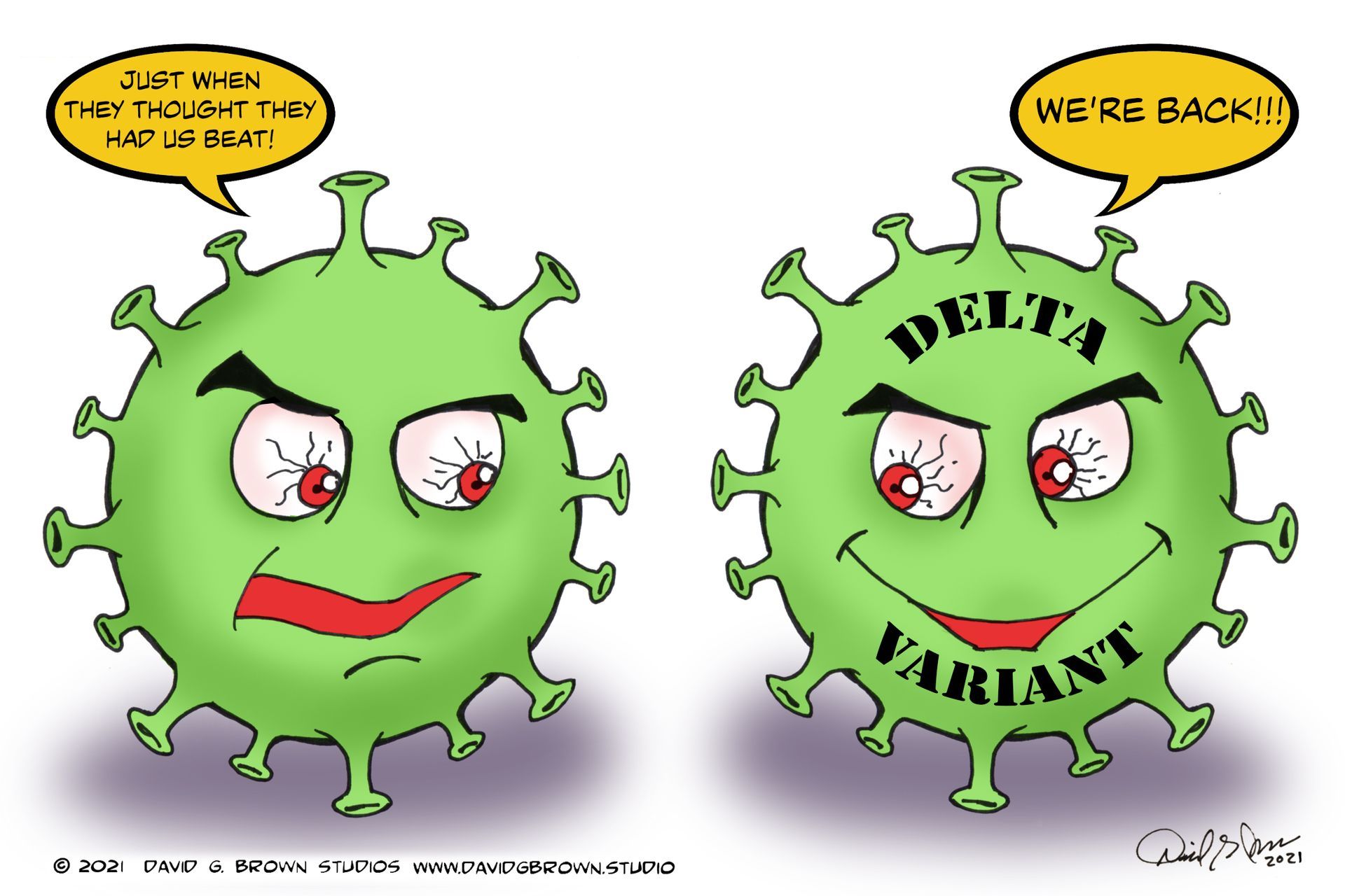 Cartoon: Two green virus characters, one saying 