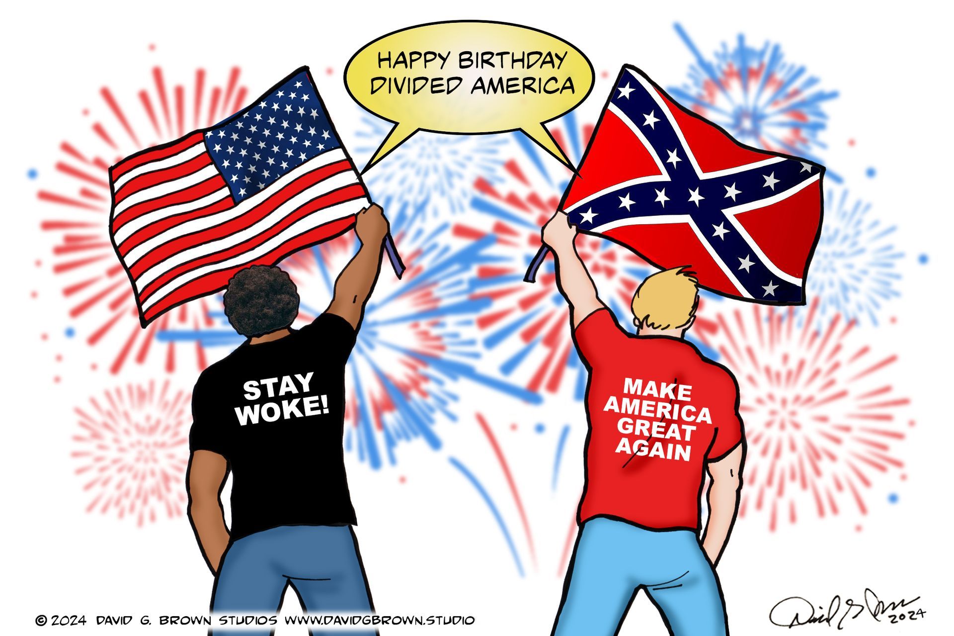 Two people, one Black, one white, celebrate Independence Day. One holds an American flag and says 