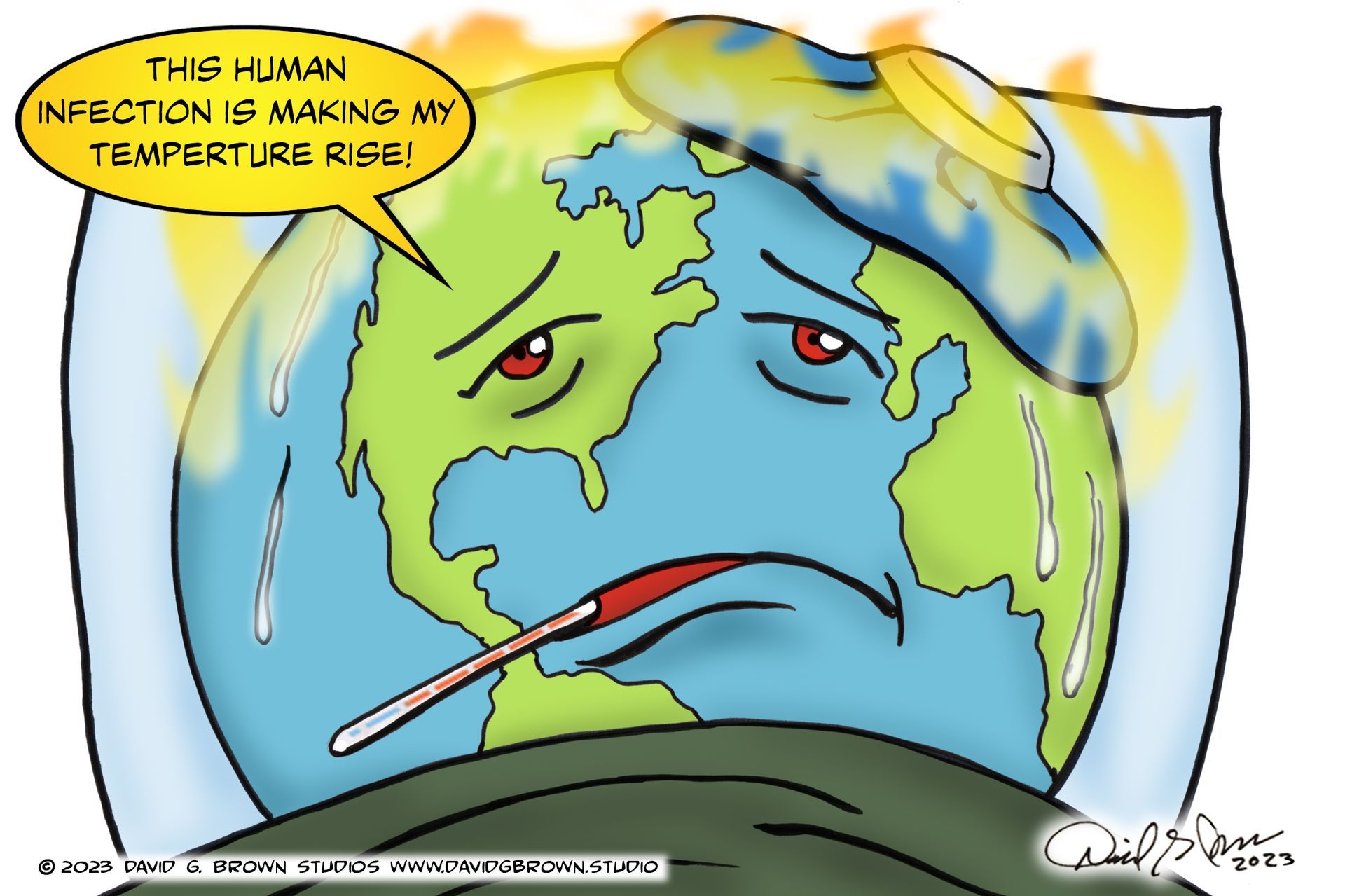 Earth with thermometer, sweating, wearing ice pack, saying 