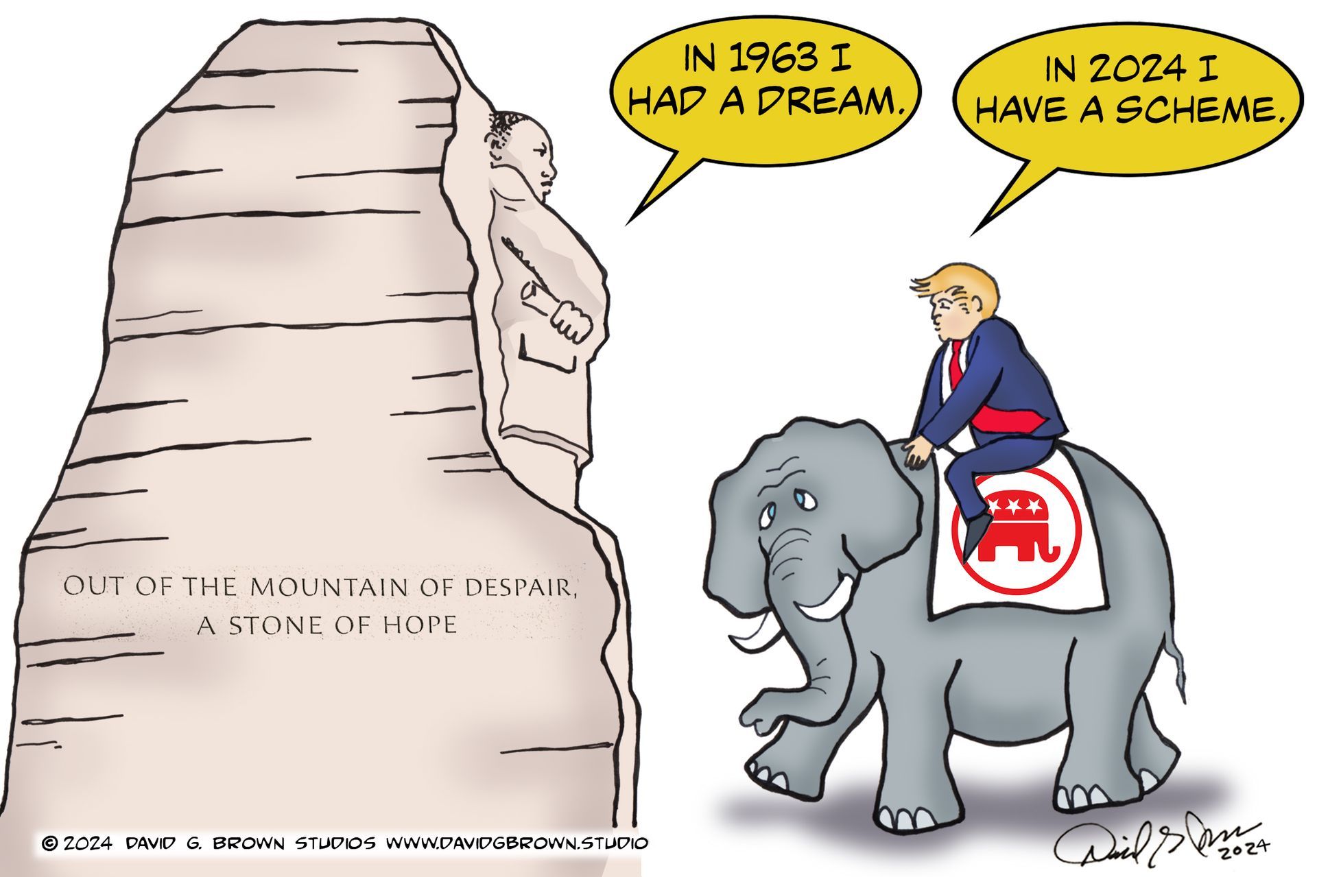 Cartoon: Trump rides an elephant with a Republican logo; MLK monument nearby. Text: 