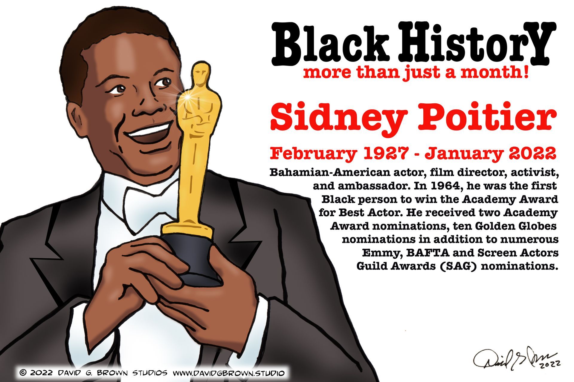 Illustration of Sidney Poitier, holding an Oscar. Text: 