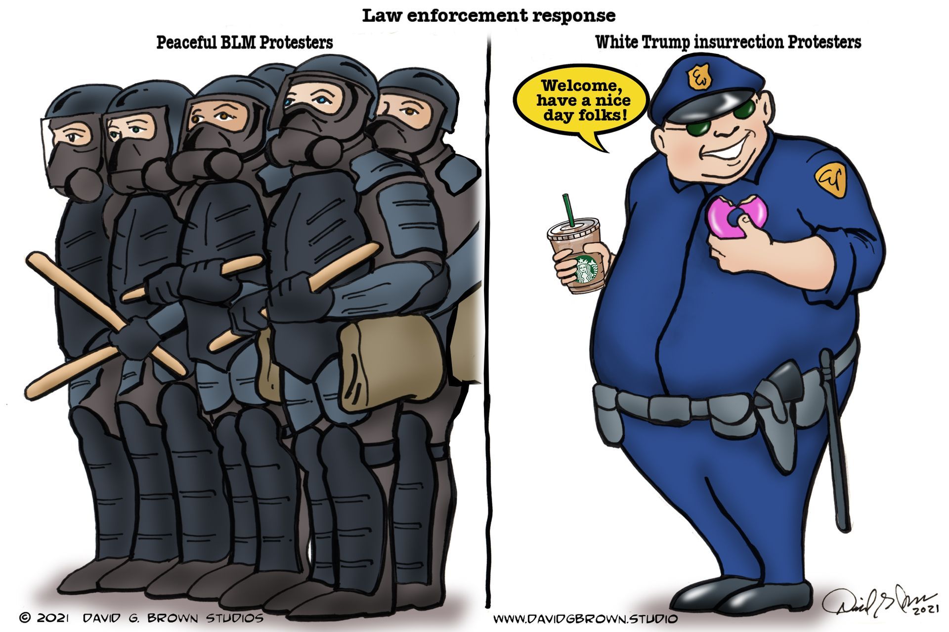 Police in riot gear vs. smiling cop with donut, implying unequal treatment based on protest affiliation.