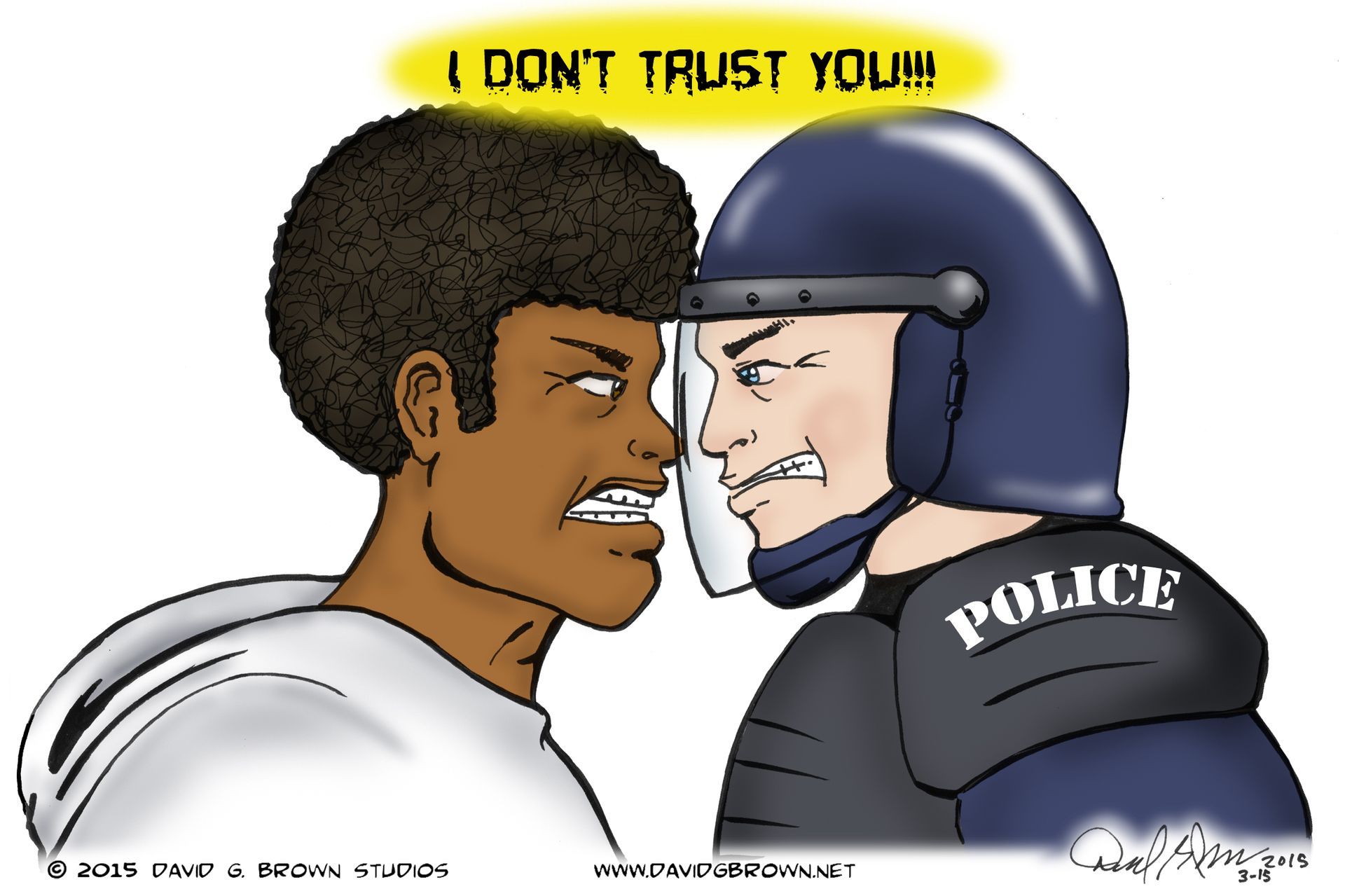 Black man and police officer face each other intensely, 