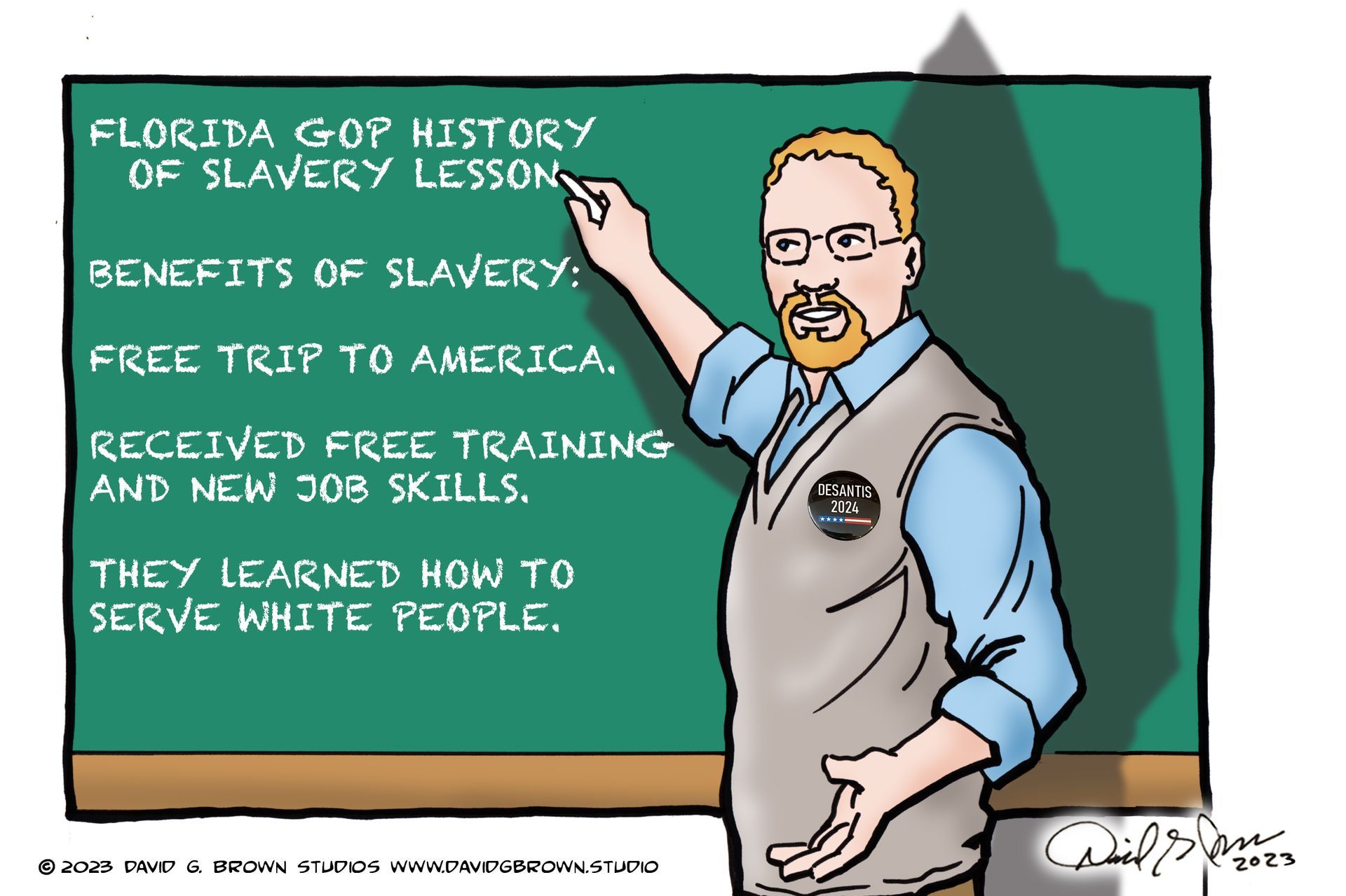 Cartoon: Man pointing at a chalkboard with 