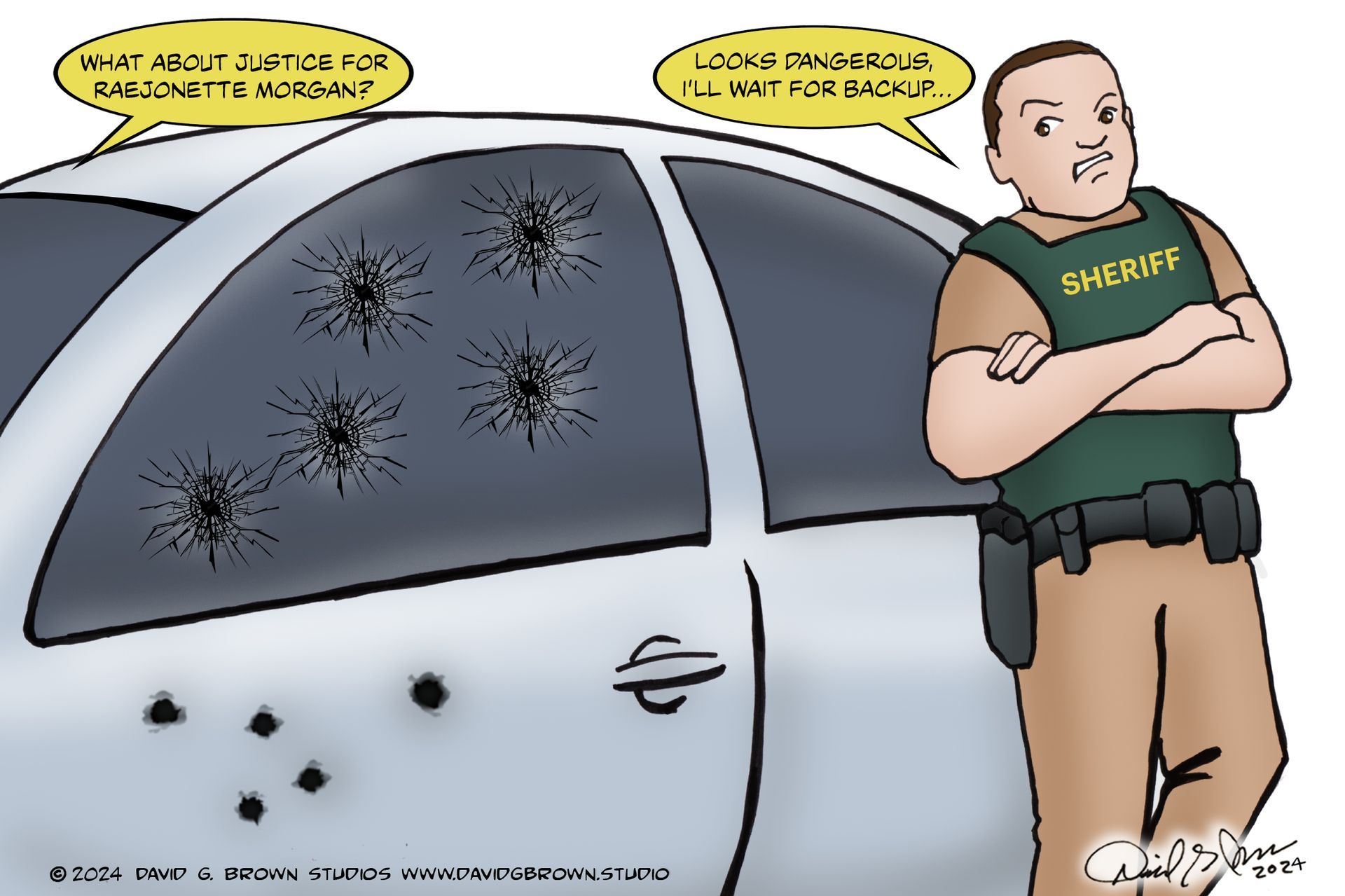 Sheriff beside a bullet-ridden car, saying “Justice is coming” while looking sternly.