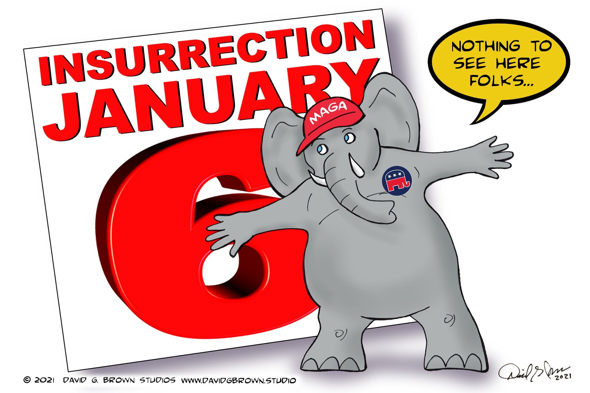Cartoon: Republican elephant in a MAGA hat, arms outstretched, says 