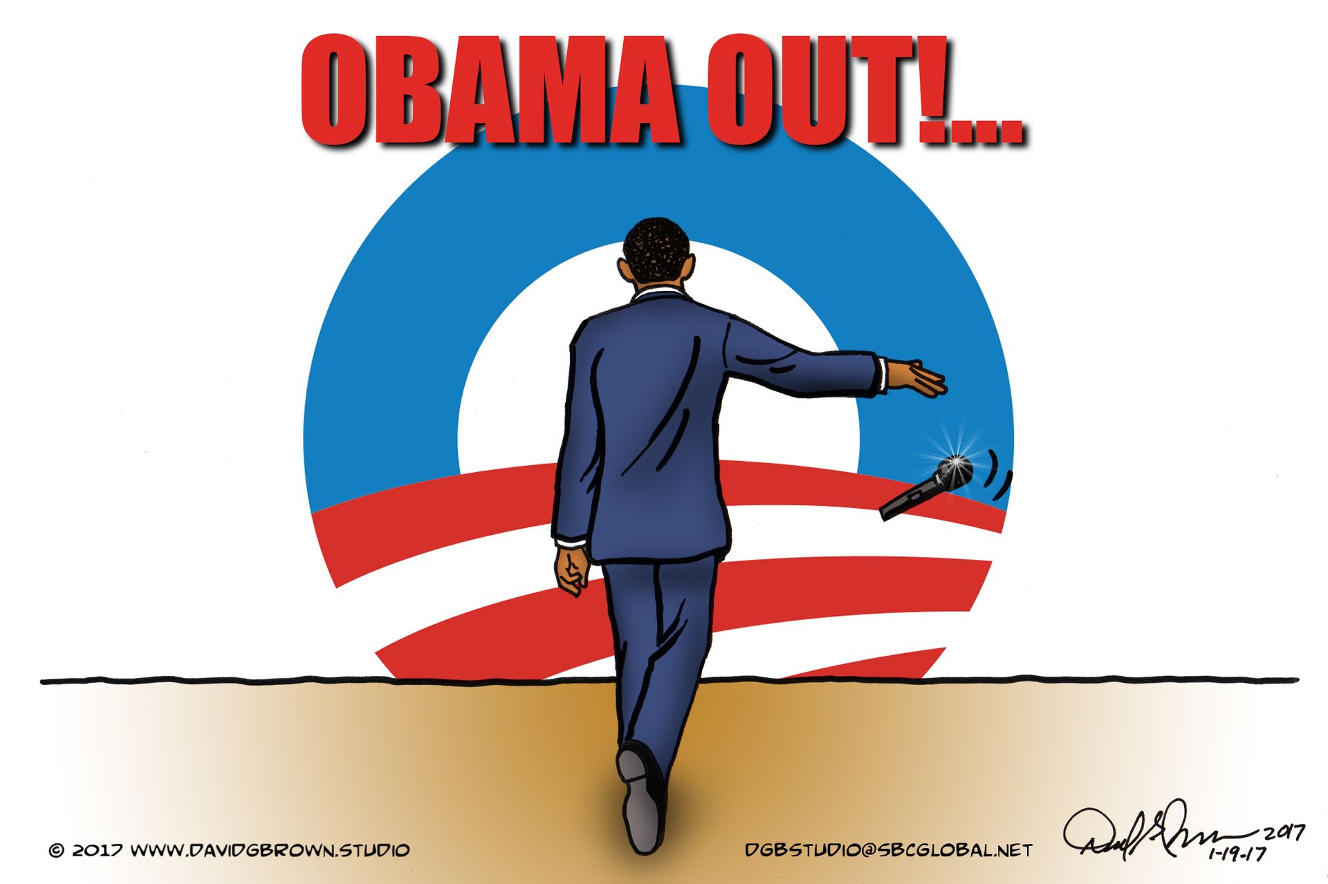 Cartoon of Obama walking away, throwing a microphone, with a U.S. flag target background, text 