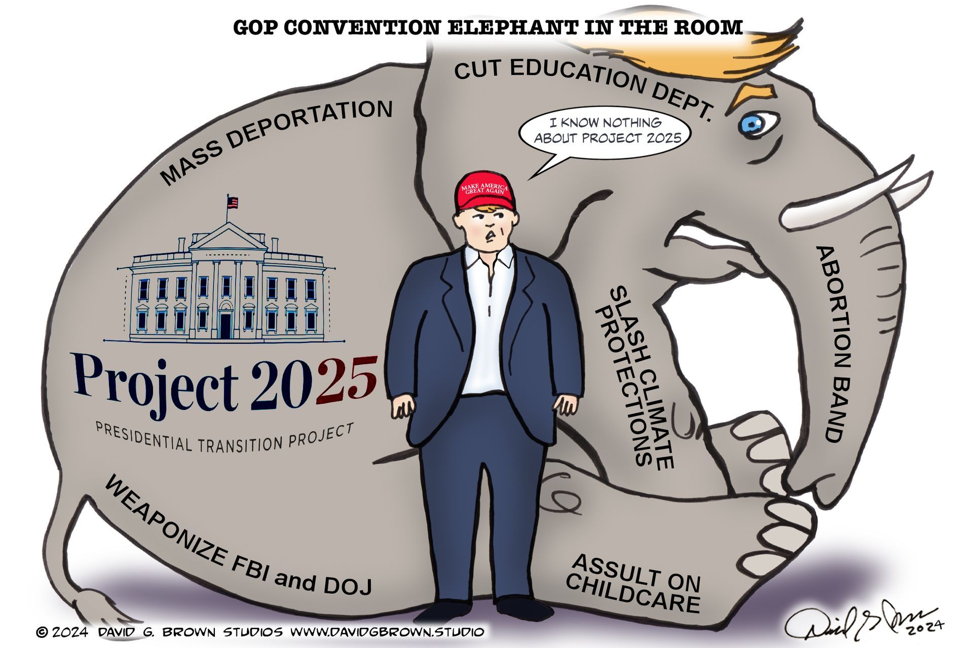 Cartoon: Trump stands before an elephant labeled 
