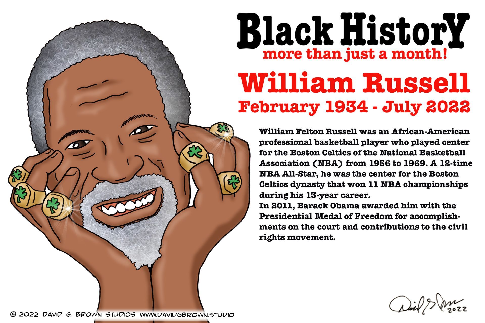 Cartoon of William Russell, an African-American basketball player. He is smiling and wearing multiple championship rings.