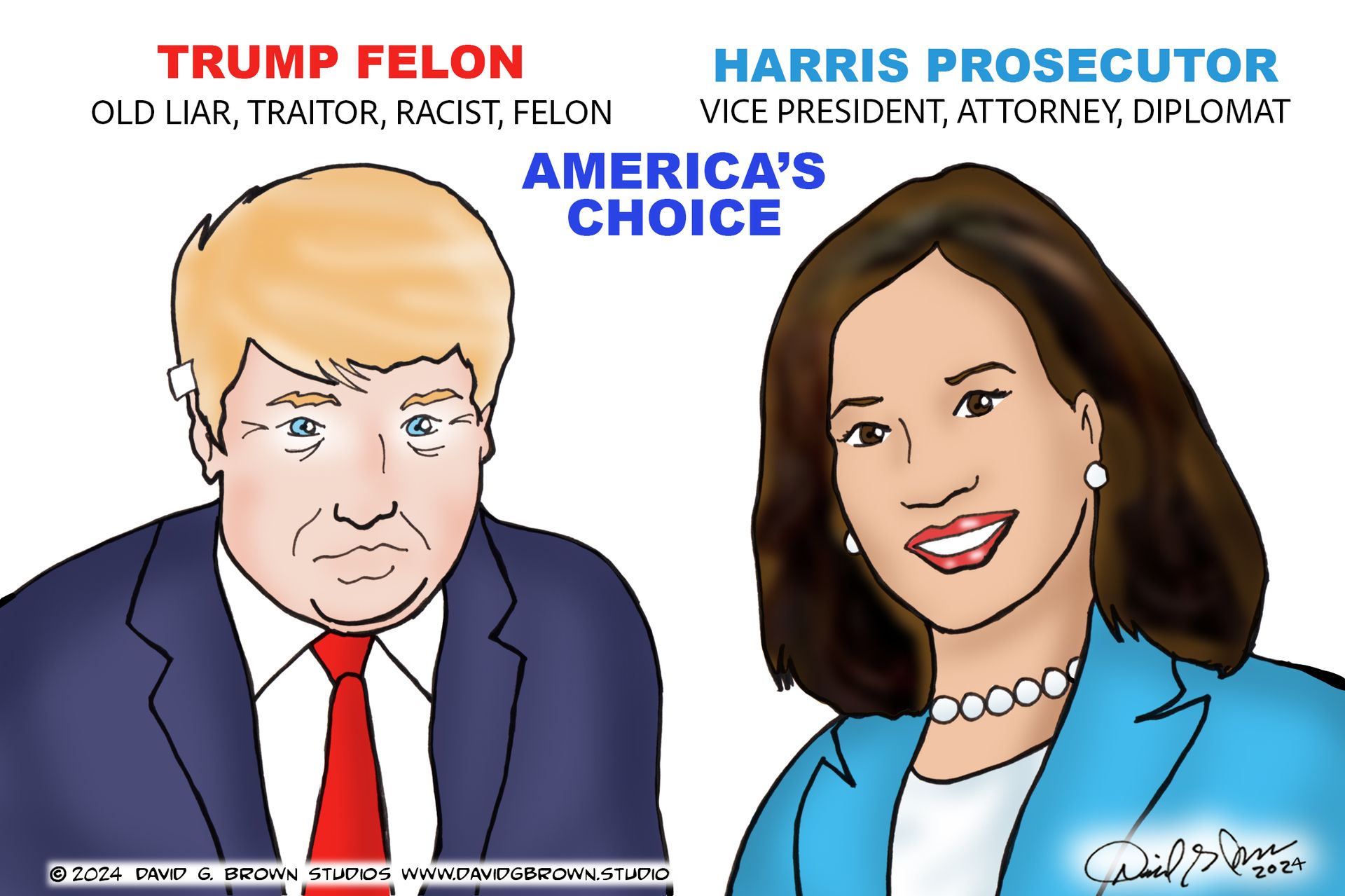 Political cartoon: caricatures of Trump and Harris, labeled 