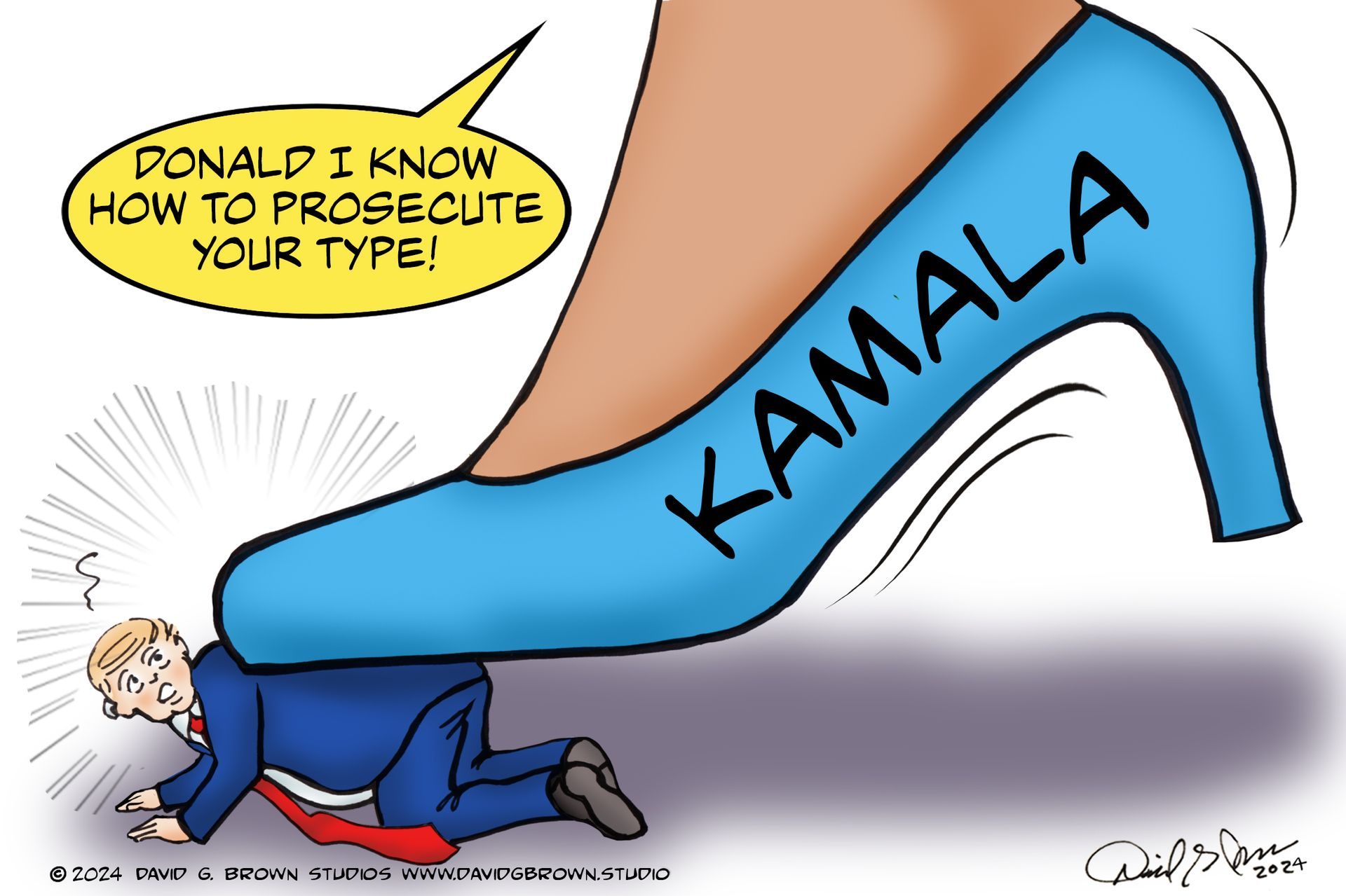 A cartoon depicts Kamala Harris's blue high heel stepping on Donald Trump, who's on the ground.