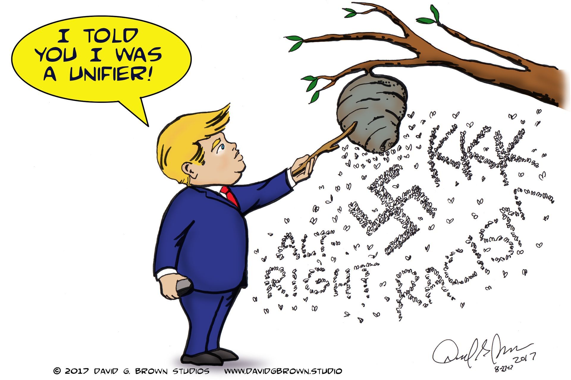 Cartoon: Trump poking a hornet's nest (racism/hate) with 