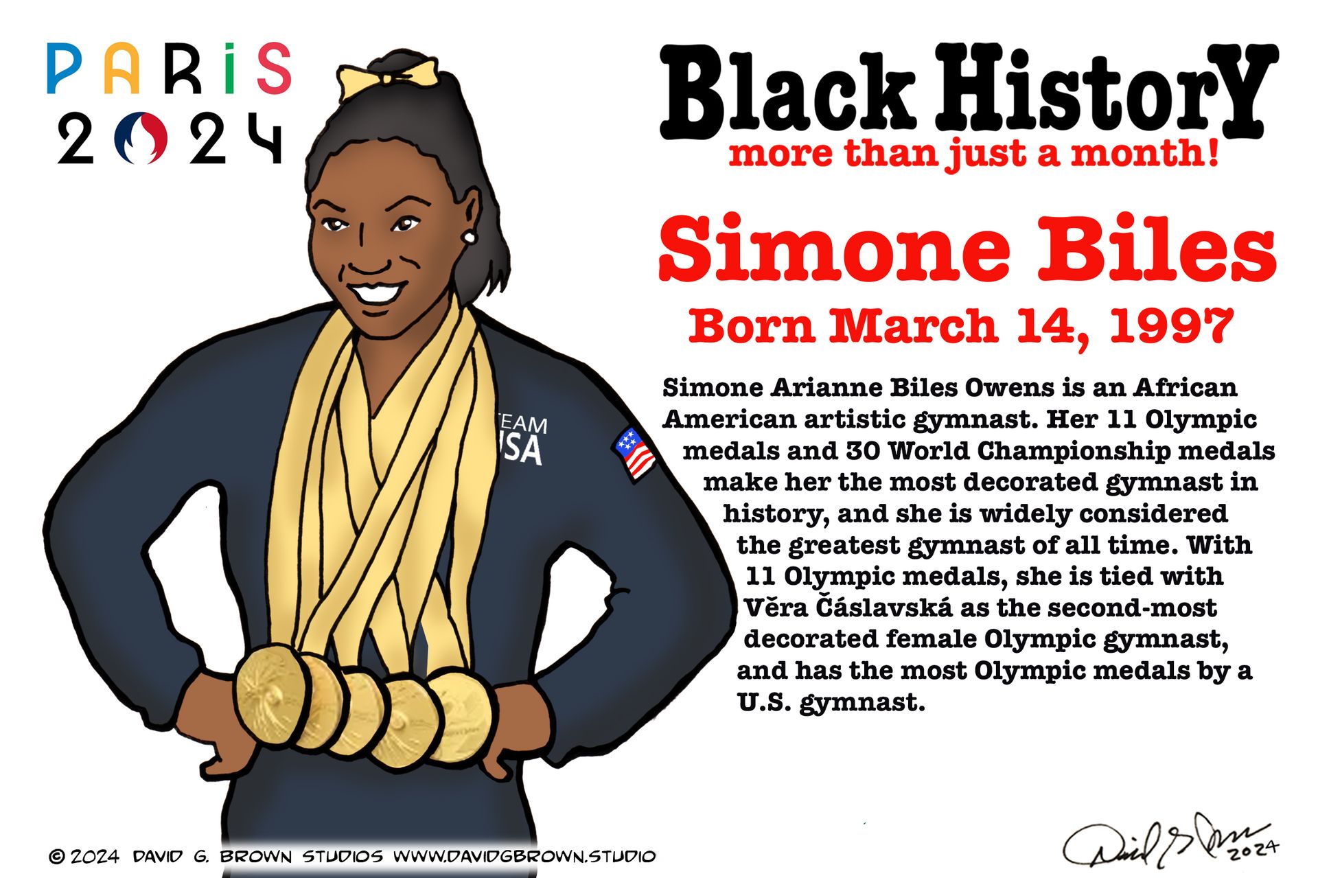 Simone Biles, African American gymnast, wearing medals. Black History Month celebration. Paris 2024 logo.