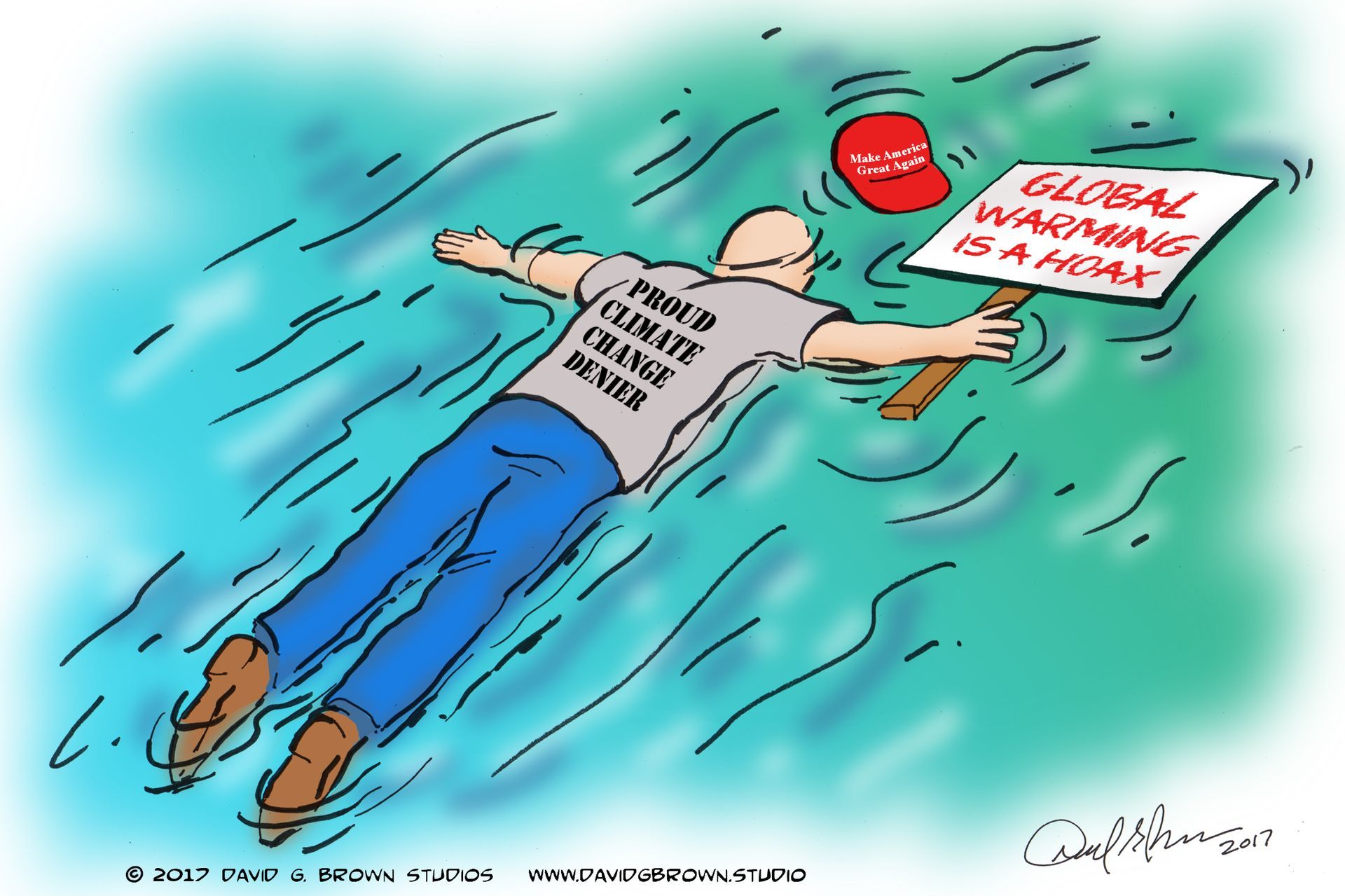 Cartoon: Man floating in water, wearing a 