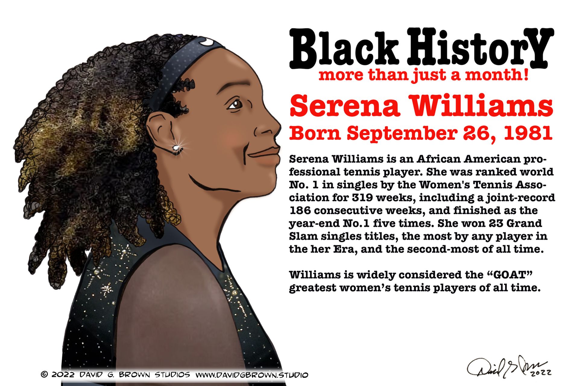 Cartoon of Serena Williams, Black History Month graphic. Serena's profile, text highlighting her achievements.