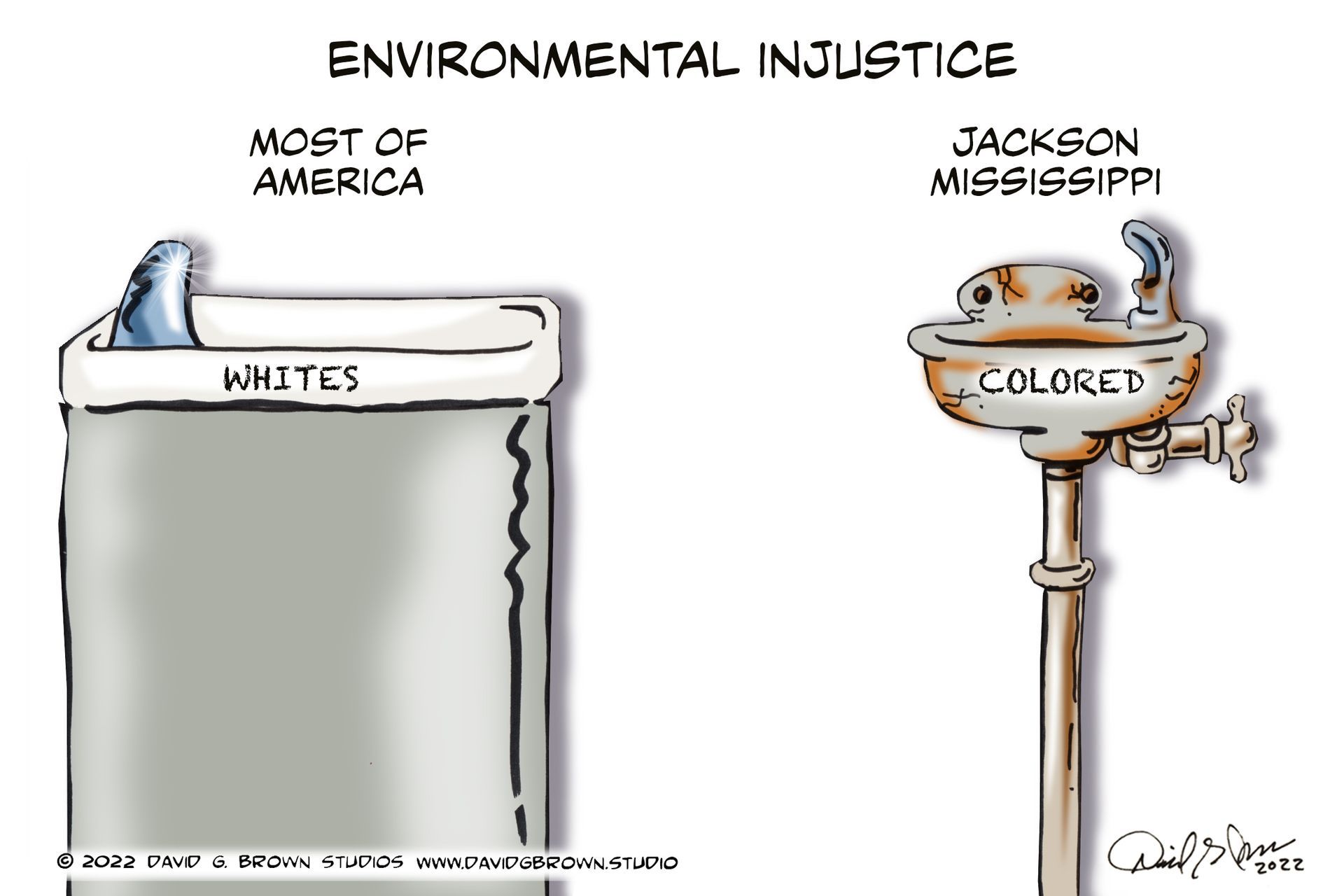 Cartoon: Comparing water fountains. 