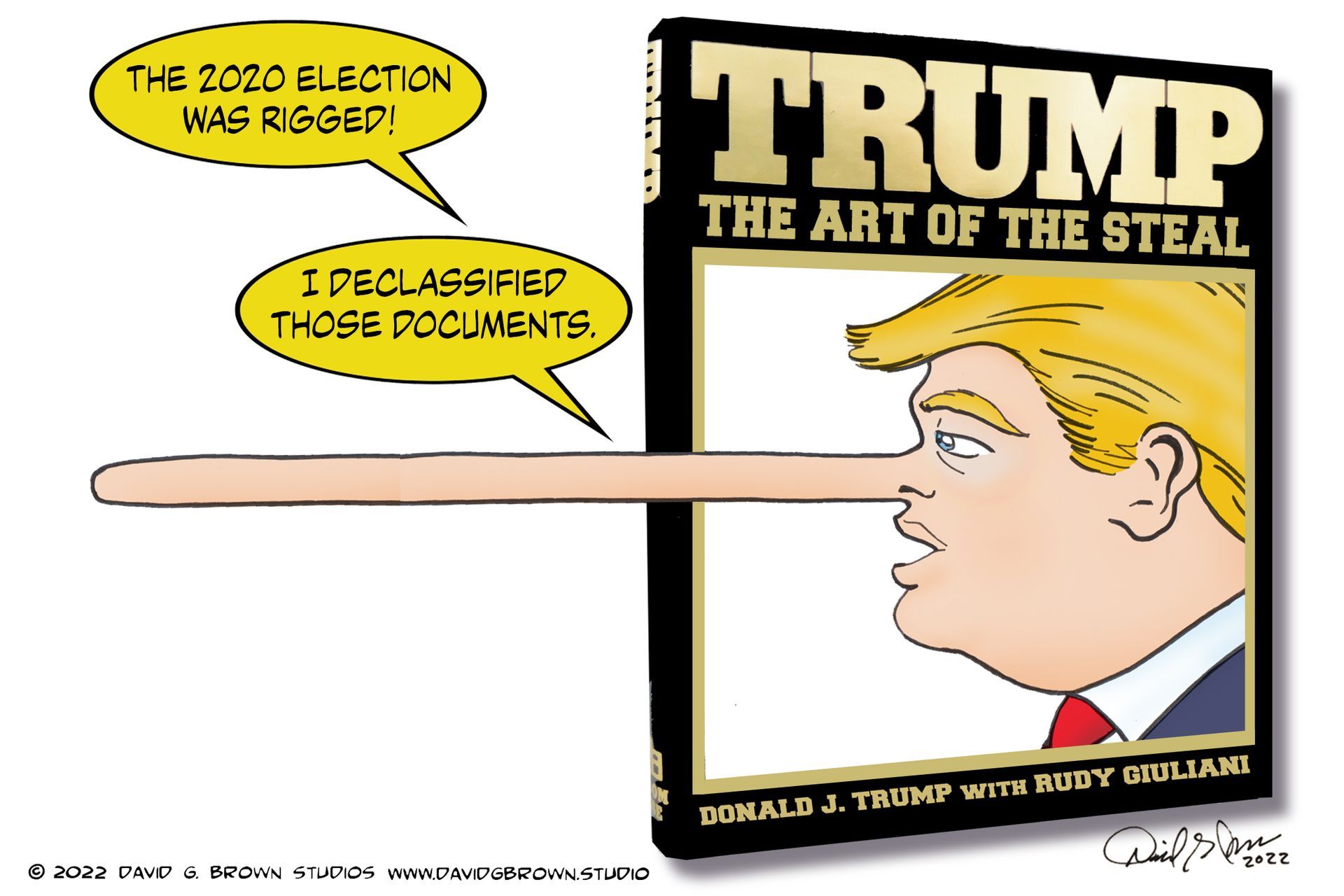 Cartoon: Trump's nose, extending like Pinocchio's, pierces a book titled 
