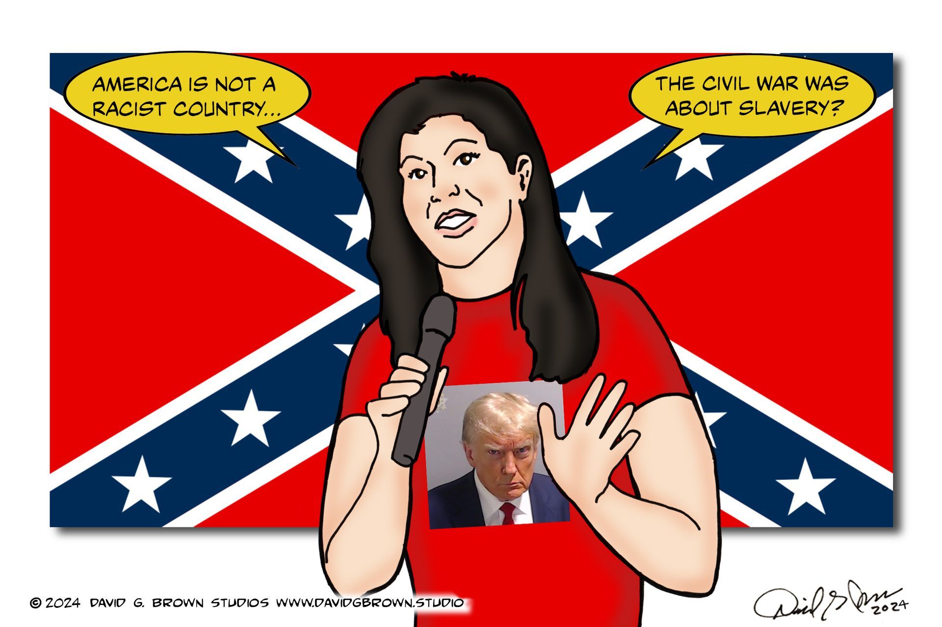 Cartoon: Woman with Trump shirt speaks before Confederate flag. Speech bubbles question racism and Civil War cause.