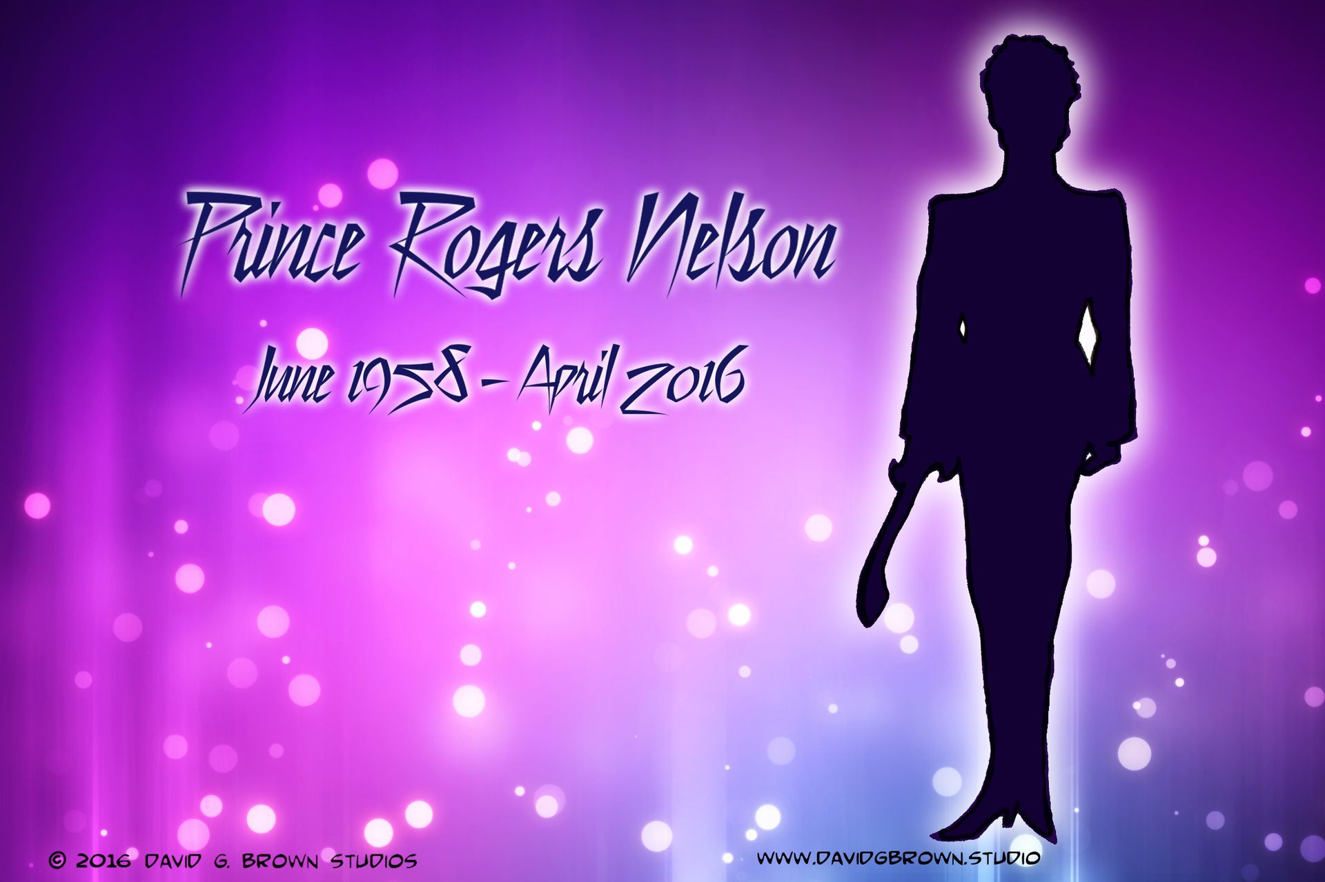 Silhouette of Prince holding a guitar. Text: Prince Rogers Nelson, 1958-2016. Purple background with sparkles.