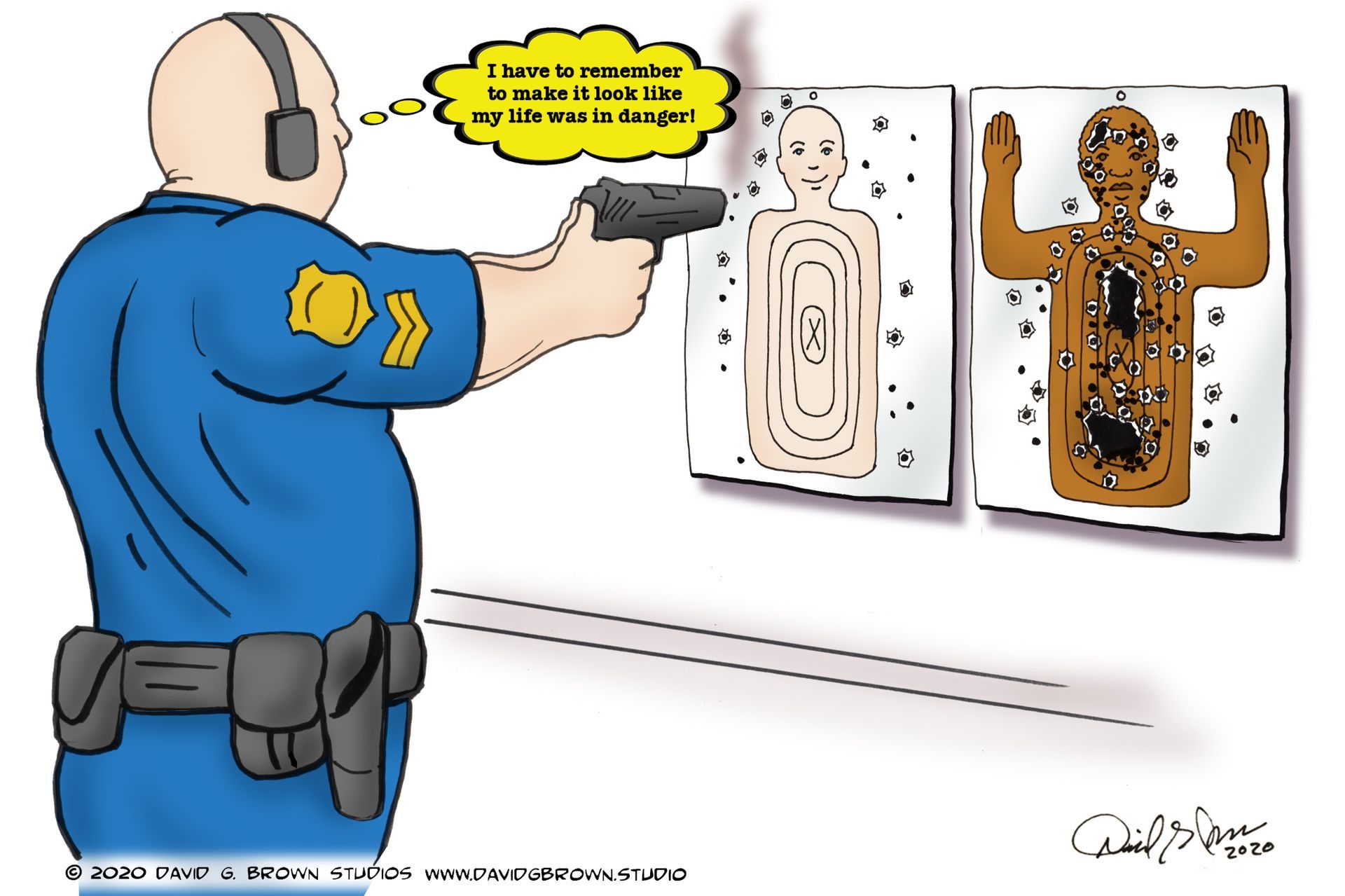 Cartoon: Policeman shoots target, hitting a darker-skinned target more. Thought bubble: “Looks like my target is tougher.”