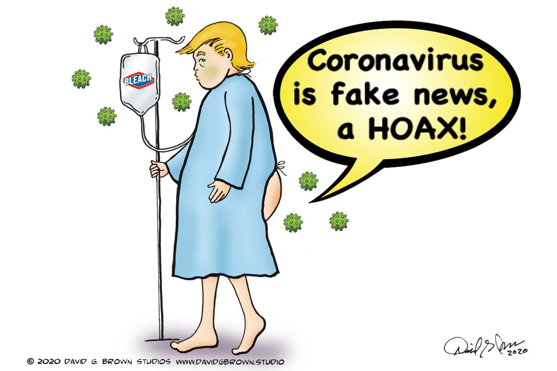 Cartoon of Trump, in a hospital gown with IV, butt sore, saying 