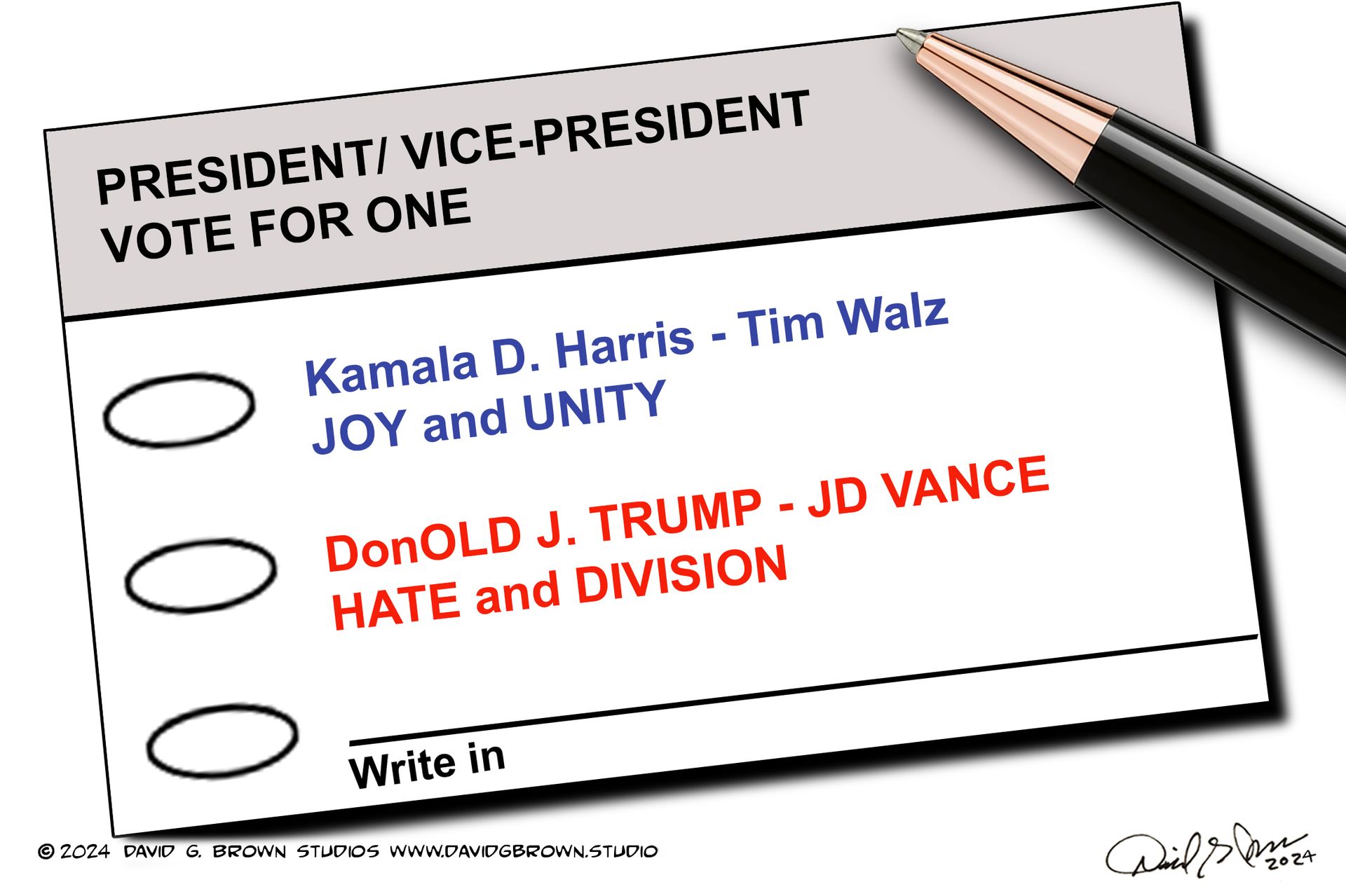 Political cartoon: Ballot with choices for President/Vice President: Harris/Walz (Joy and Unity) and Trump/Vance (Hate and Division).