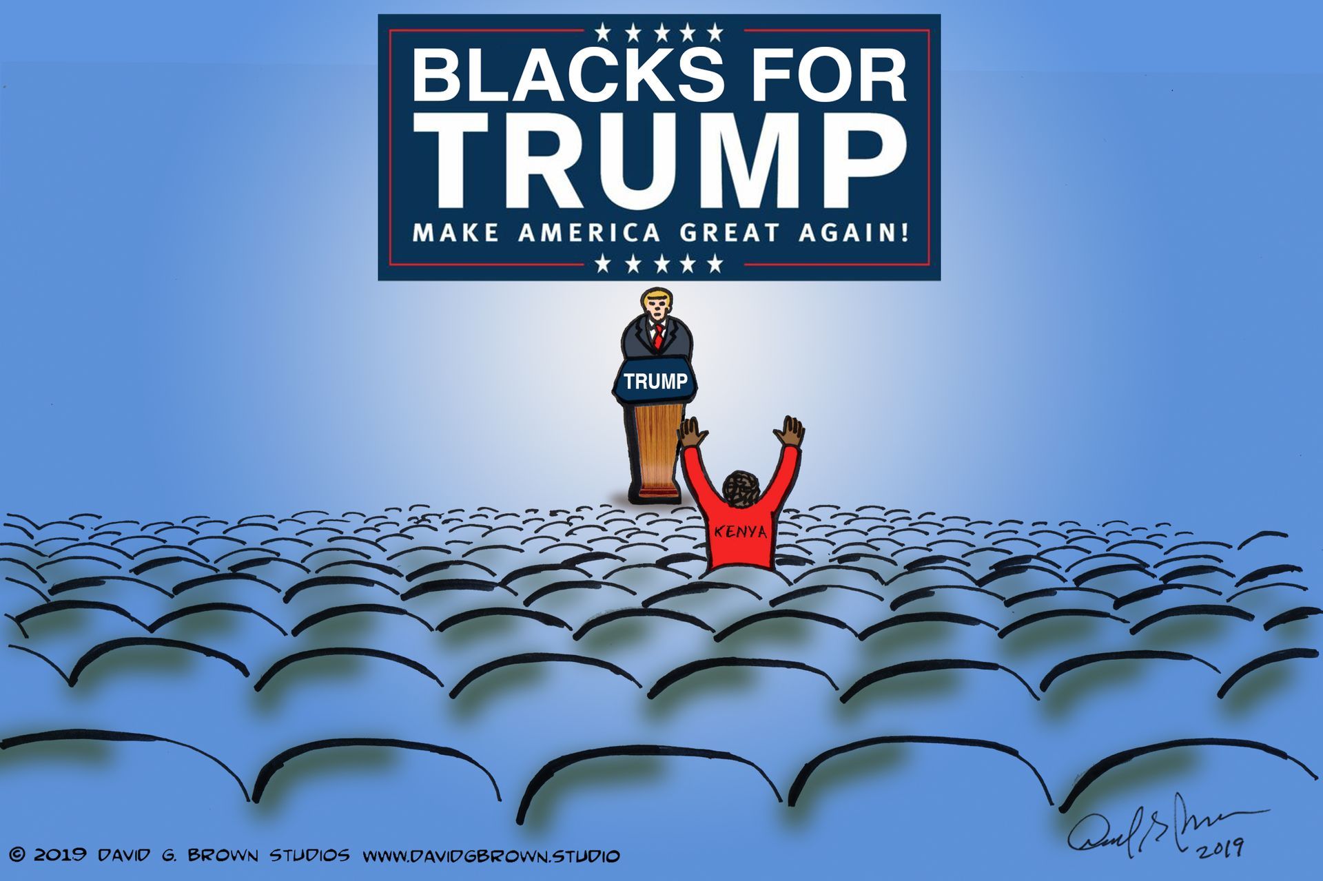 Cartoon: Trump at podium, small audience, one Black man raising arms below 