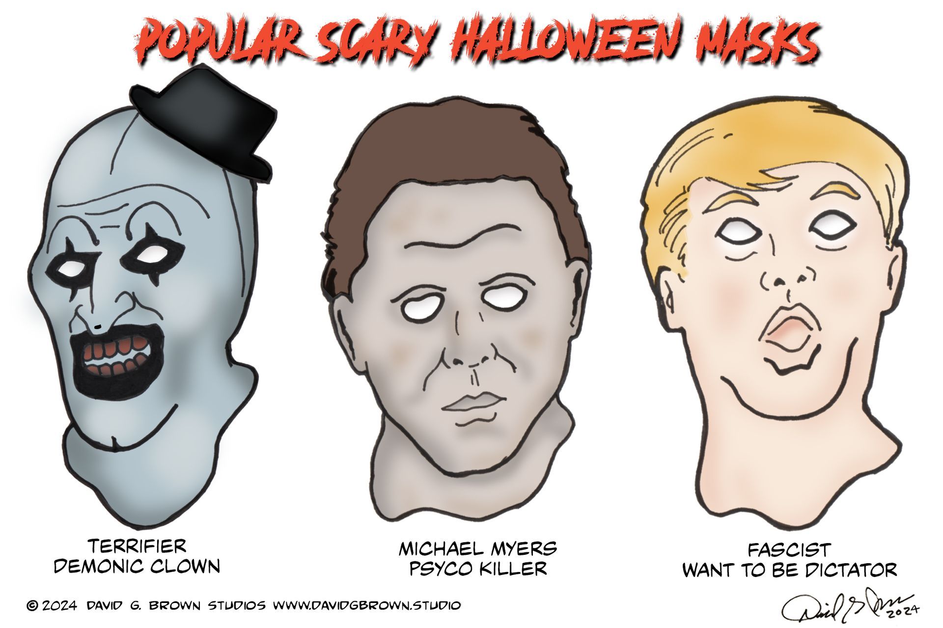 Three Halloween masks: Terrifier the demonic clown, Michael Myers psycho killer, and the Trump 