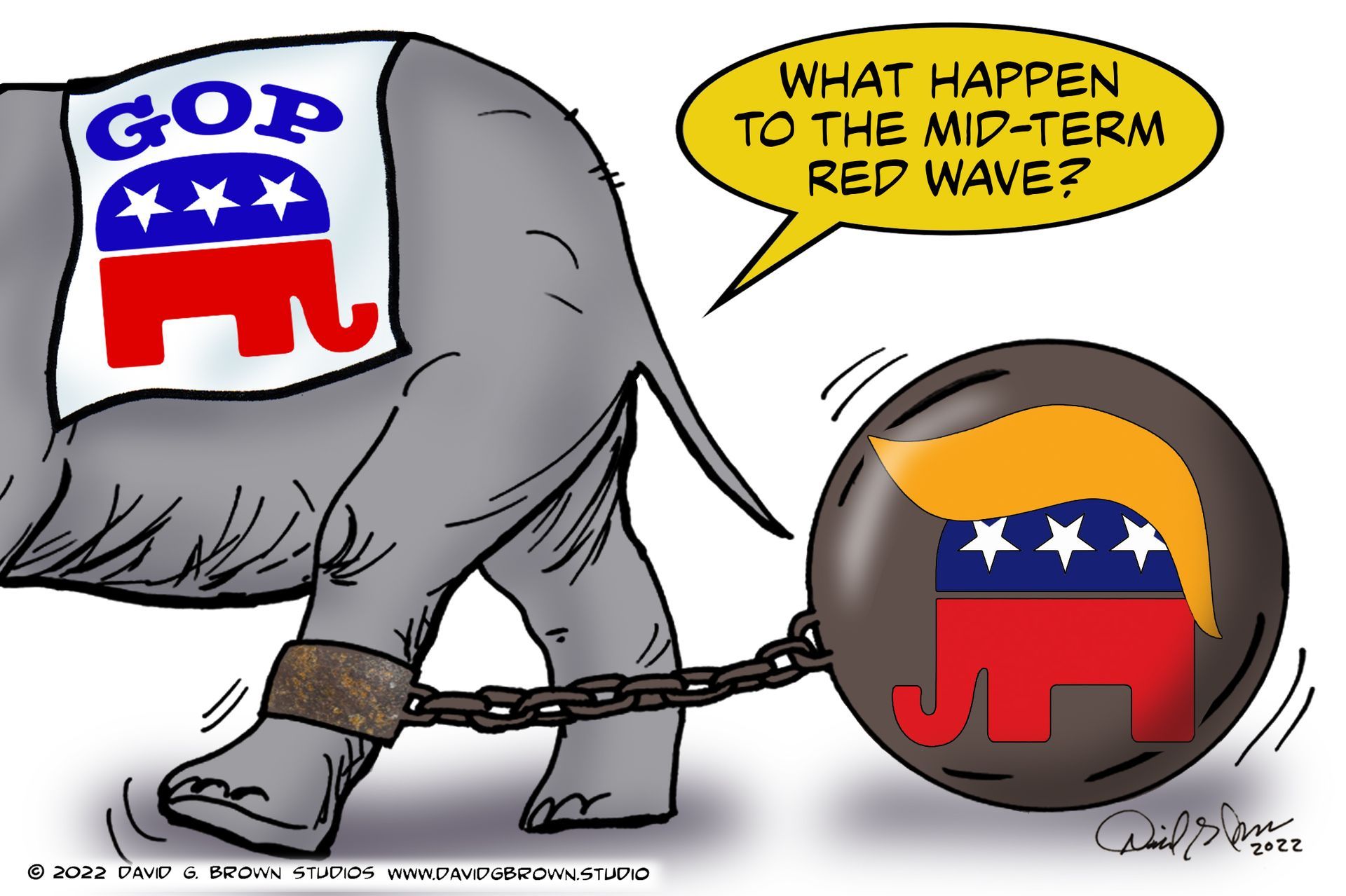 Political cartoon: GOP elephant shackled to a ball with Trump's hair and Republican logo, asking 