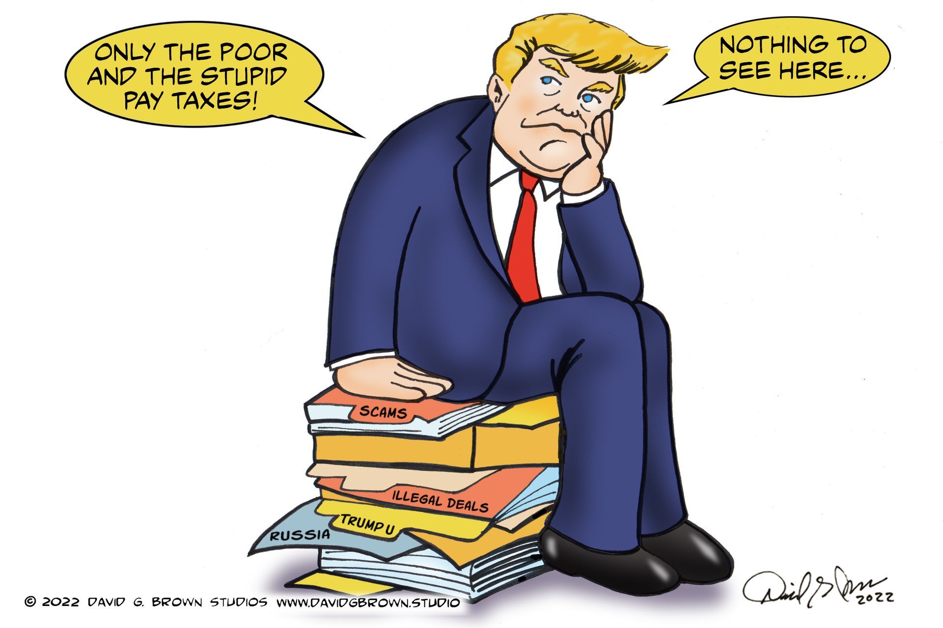 Cartoon: Donald Trump seated on tax documents, thinking, with speech bubbles: 
