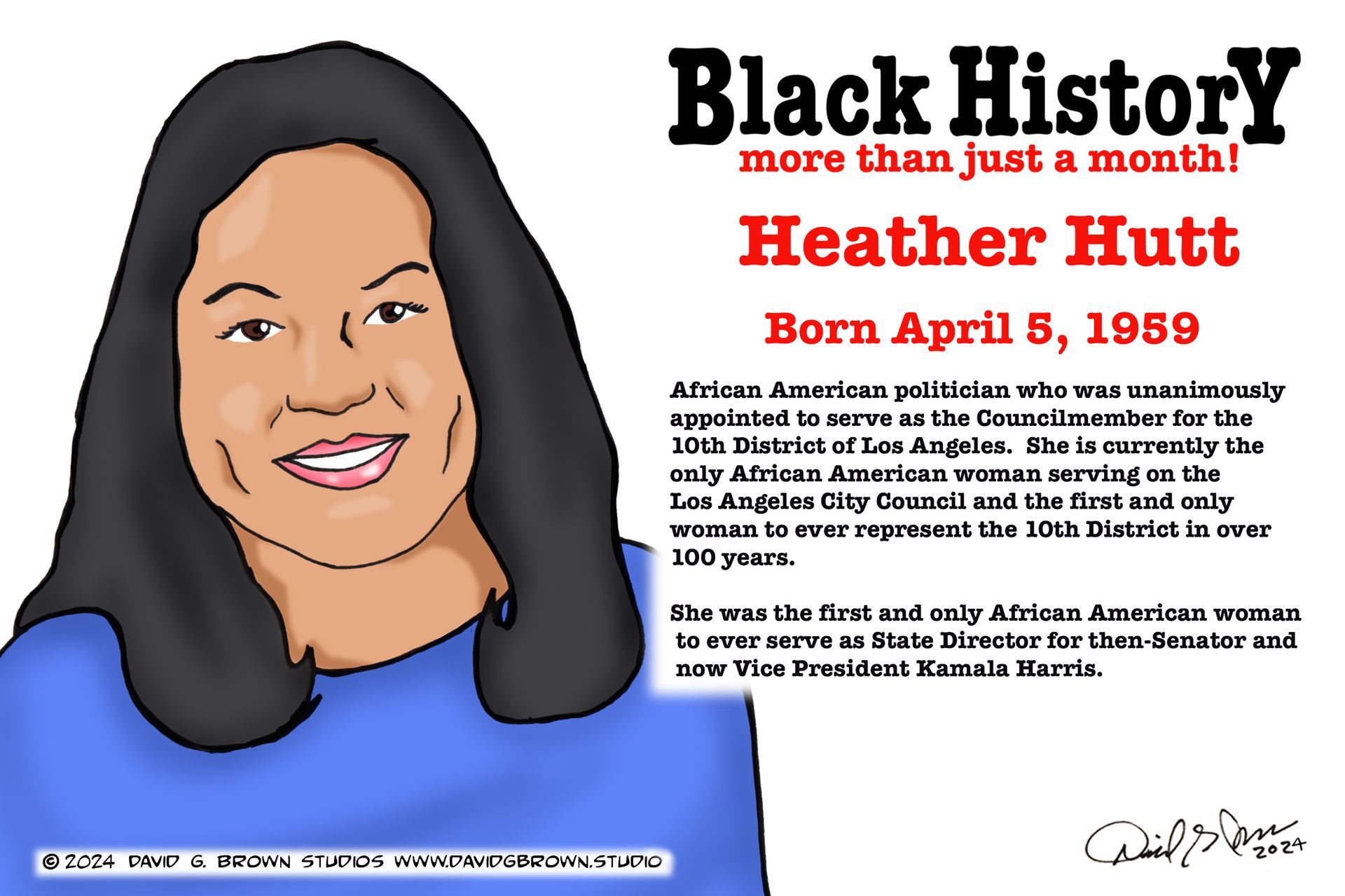 Illustration of Heather Hutt, with text 