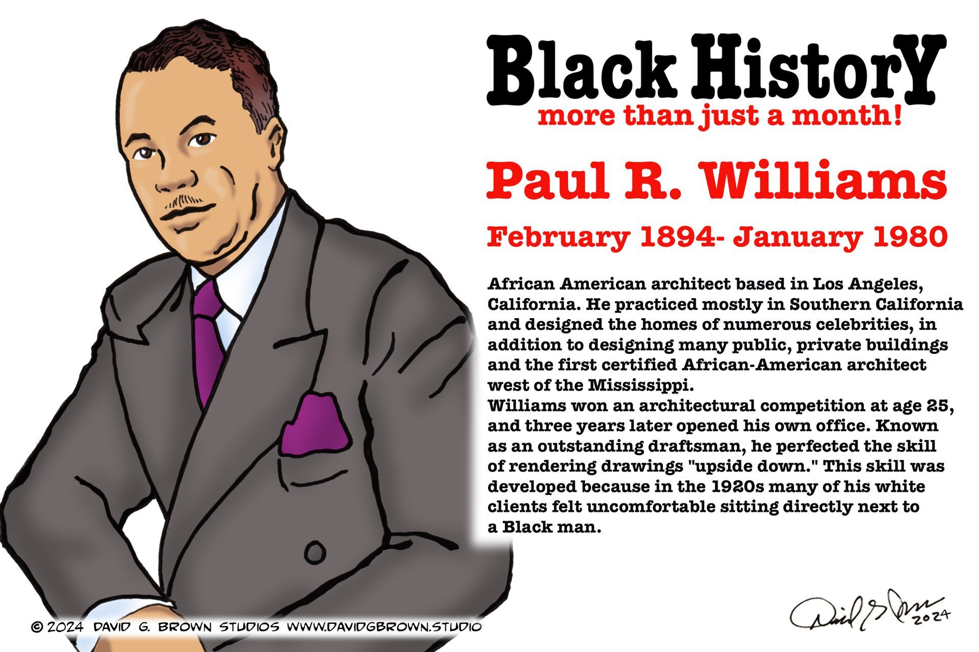 Illustration of Paul R. Williams, Black architect. Text: 