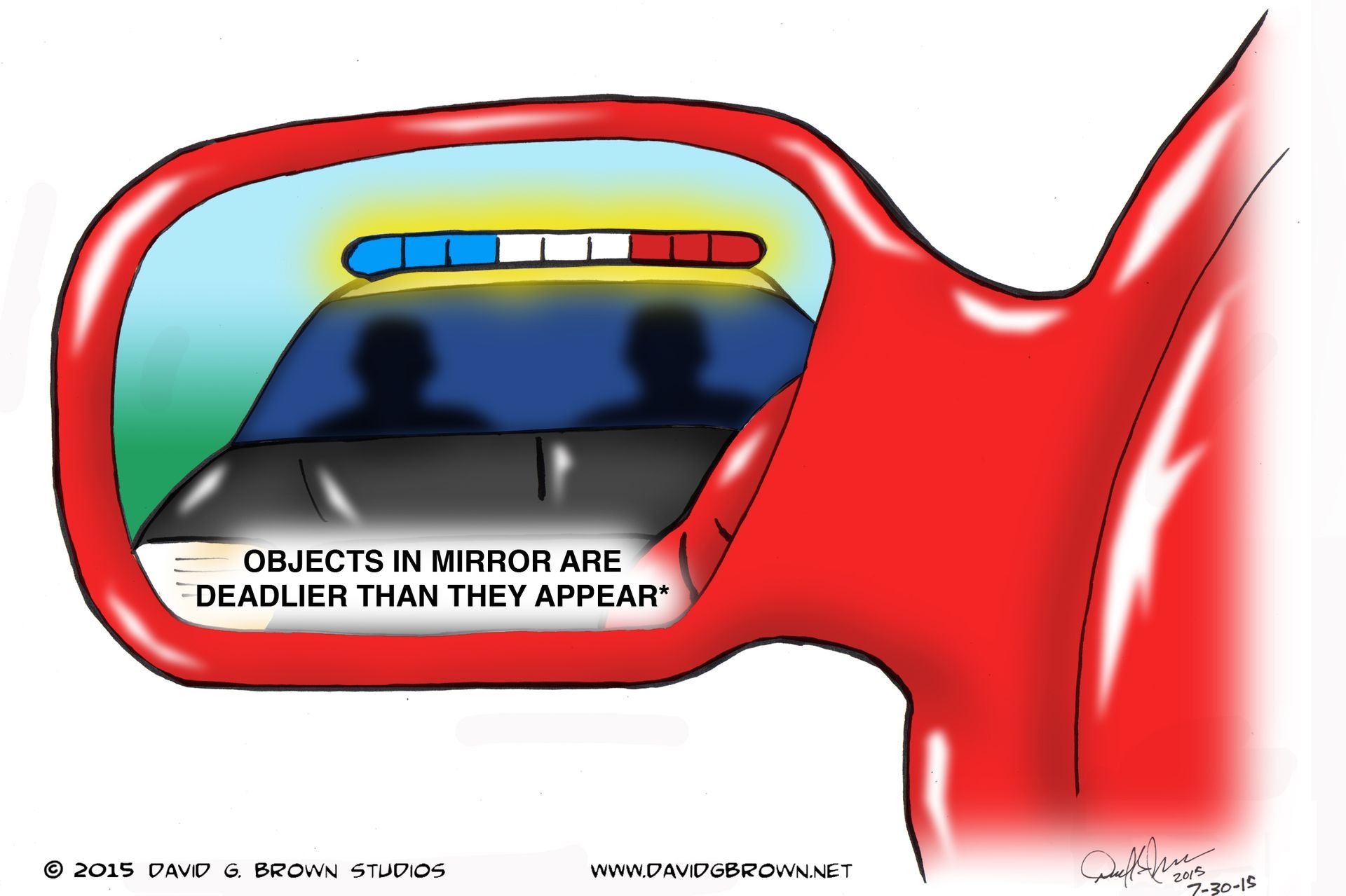 Red car mirror with police car approaching; text: 