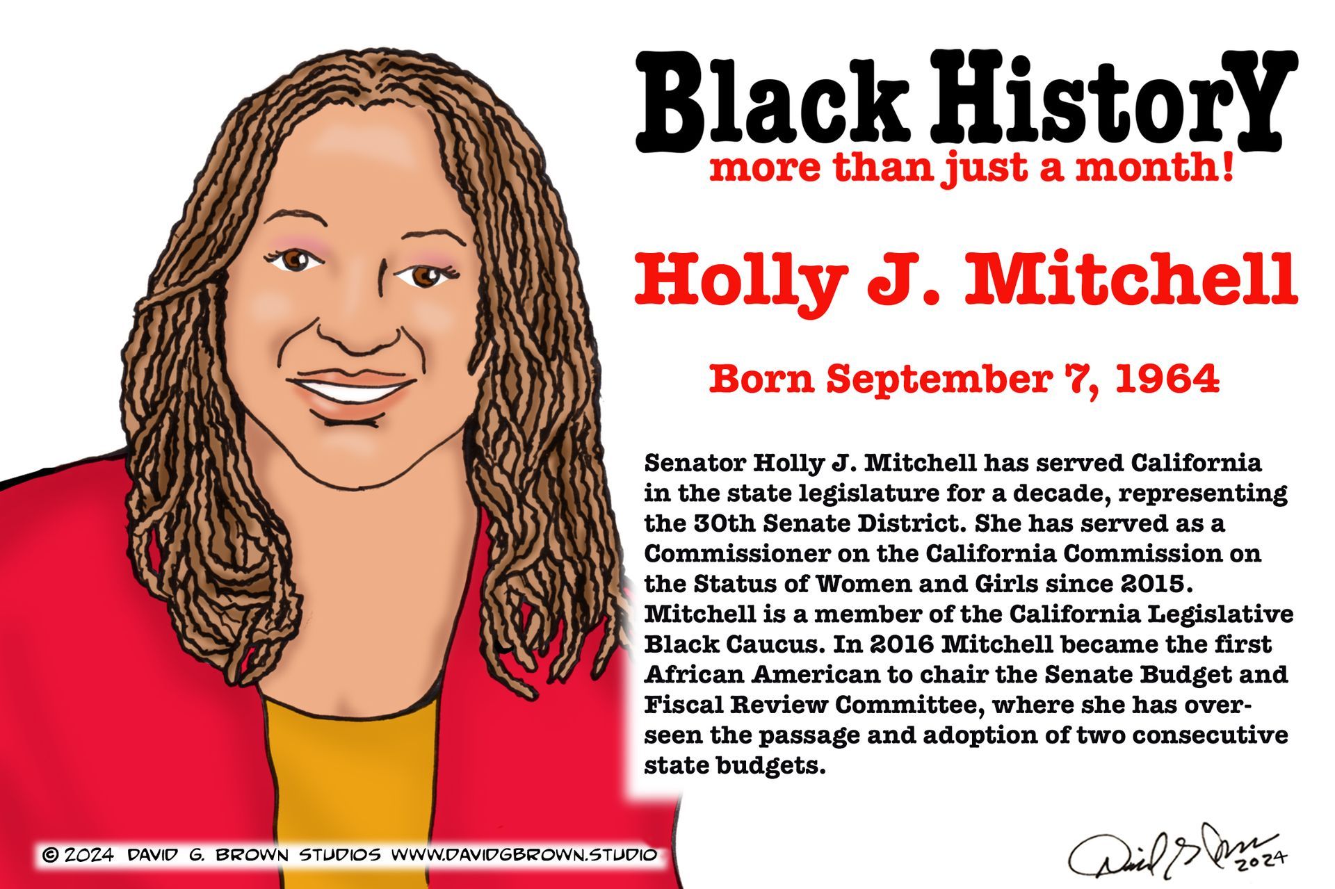 Cartoon of Holly J. Mitchell, smiling, wearing red jacket. Text: Black History, born Sept. 7, 1964.