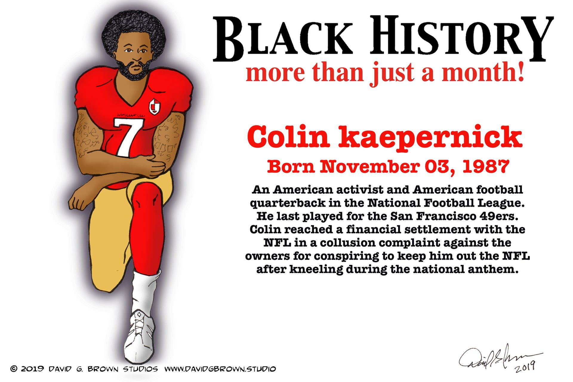 Colin Kaepernick kneeling, in a football uniform, text 