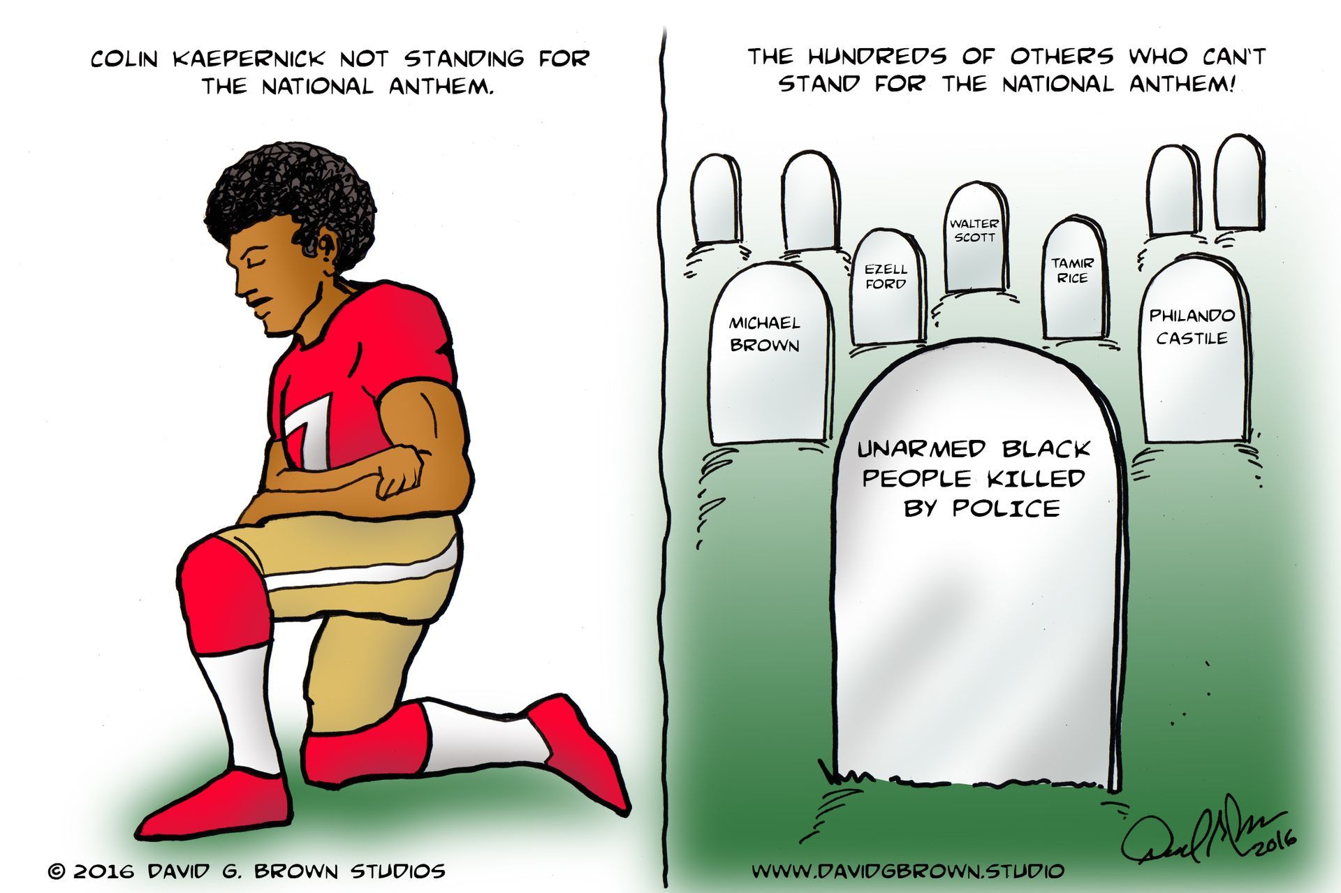 Cartoon: Colin Kaepernick kneeling. Graves mark 