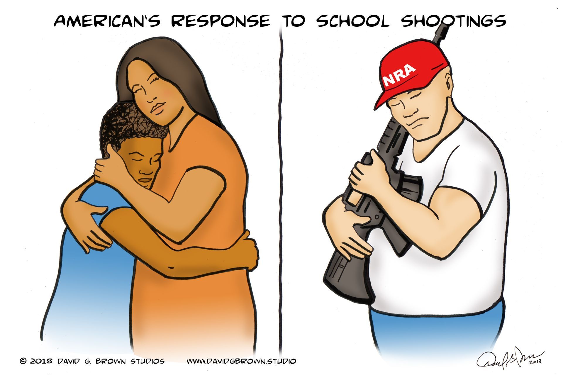 Left: A mother hugging her child. Right: Man with NRA hat holding a rifle.