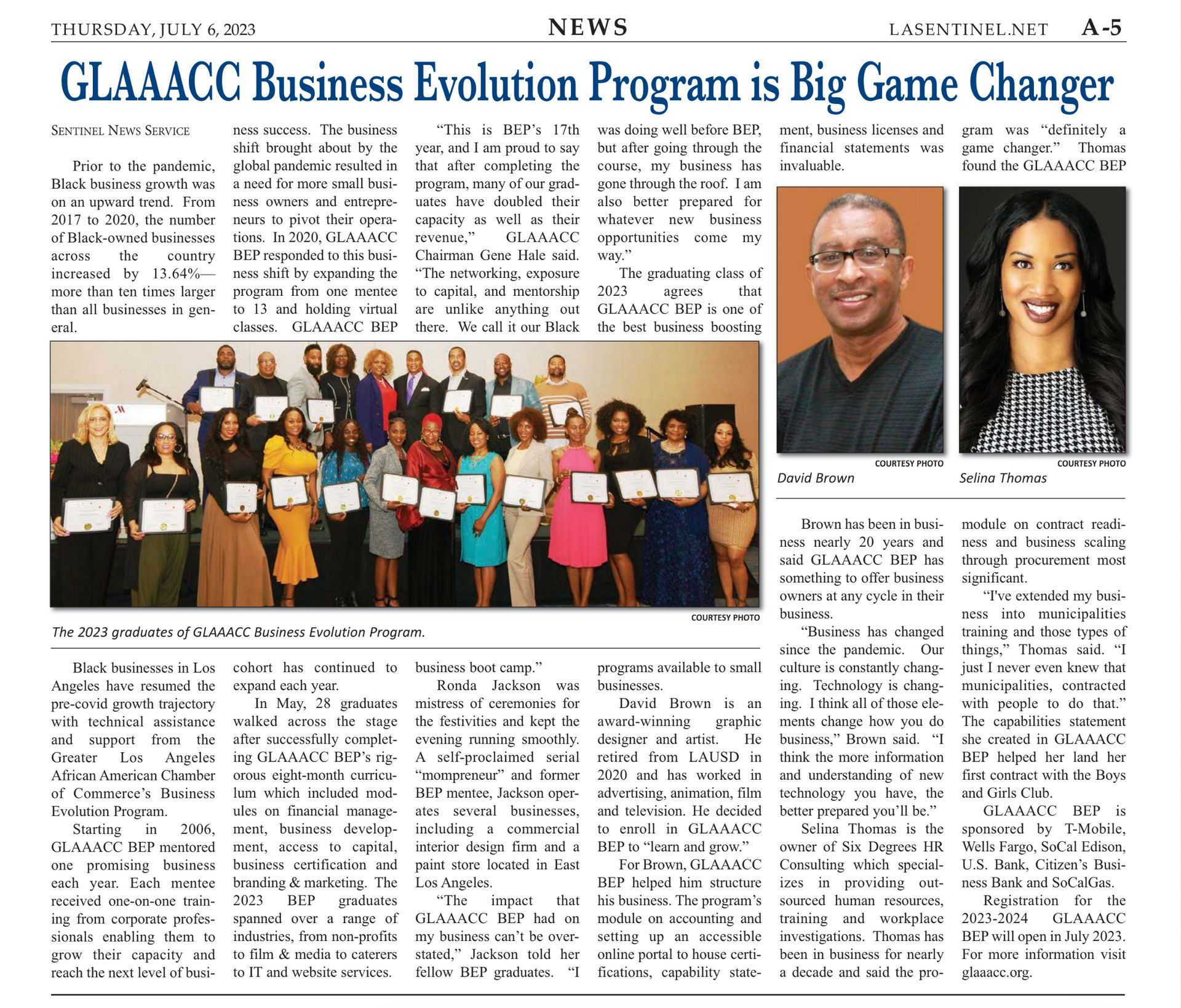 Newspaper article: Group photo of program graduates with portraits of two program leaders.