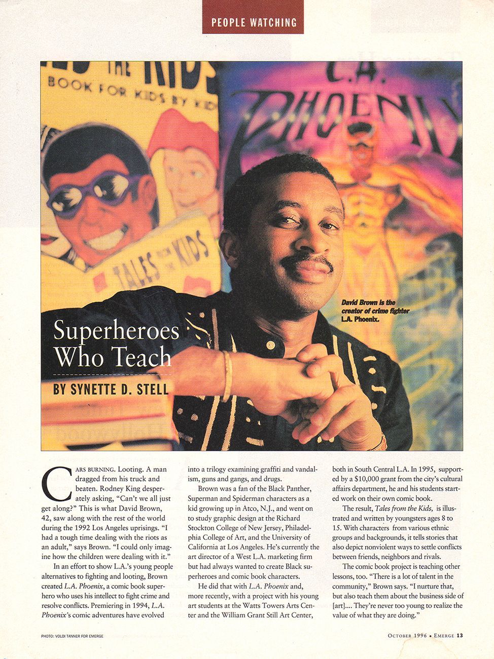 Man with superhero posters; text 