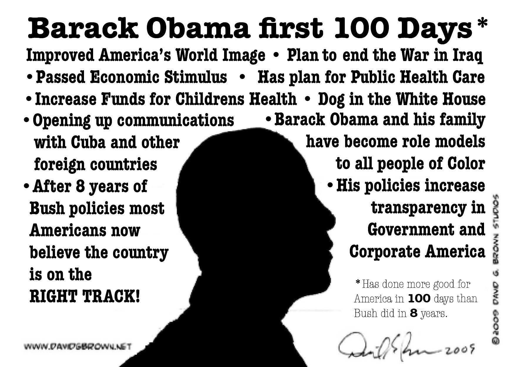 Silhouette of Barack Obama with text listing his achievements during his first 100 days as President.