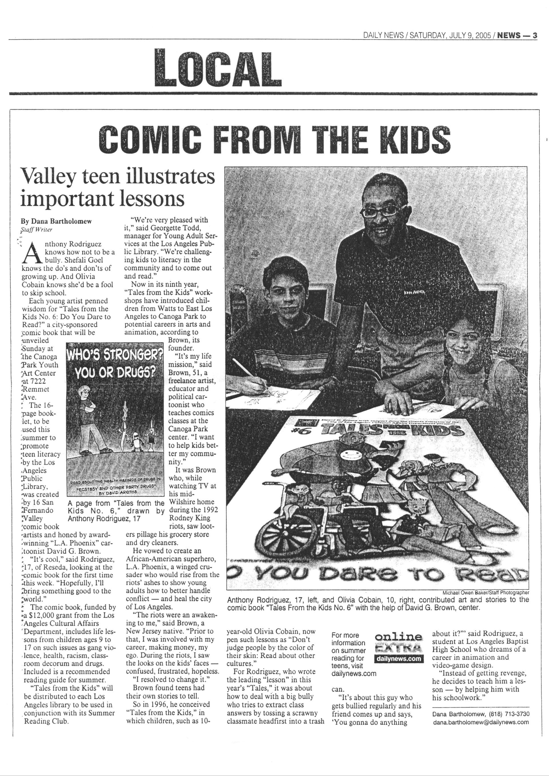 Newspaper article: Valley teen with two others, showcases a comic. Text: 