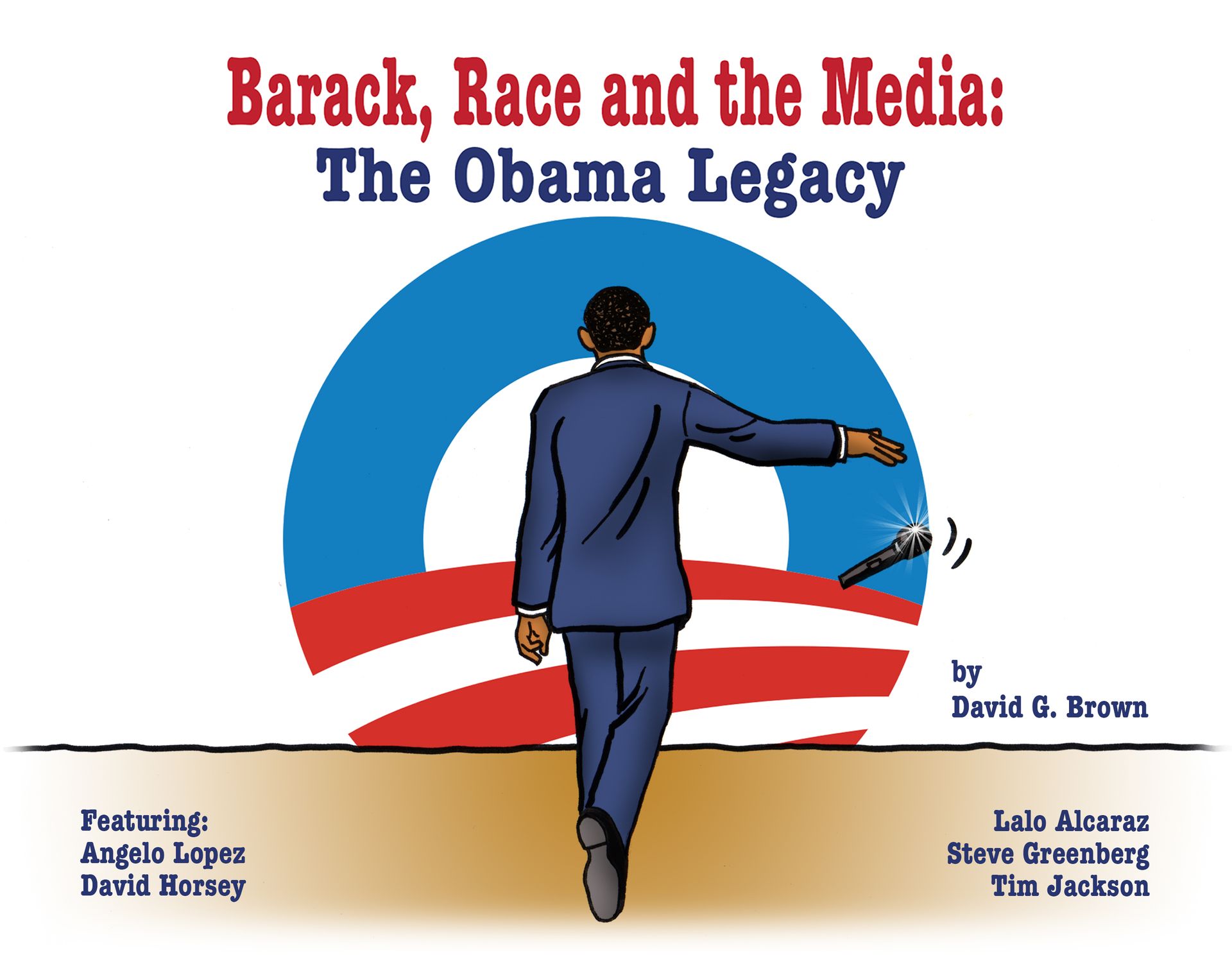 Illustration of Barack Obama walking away from a microphone, with text 
