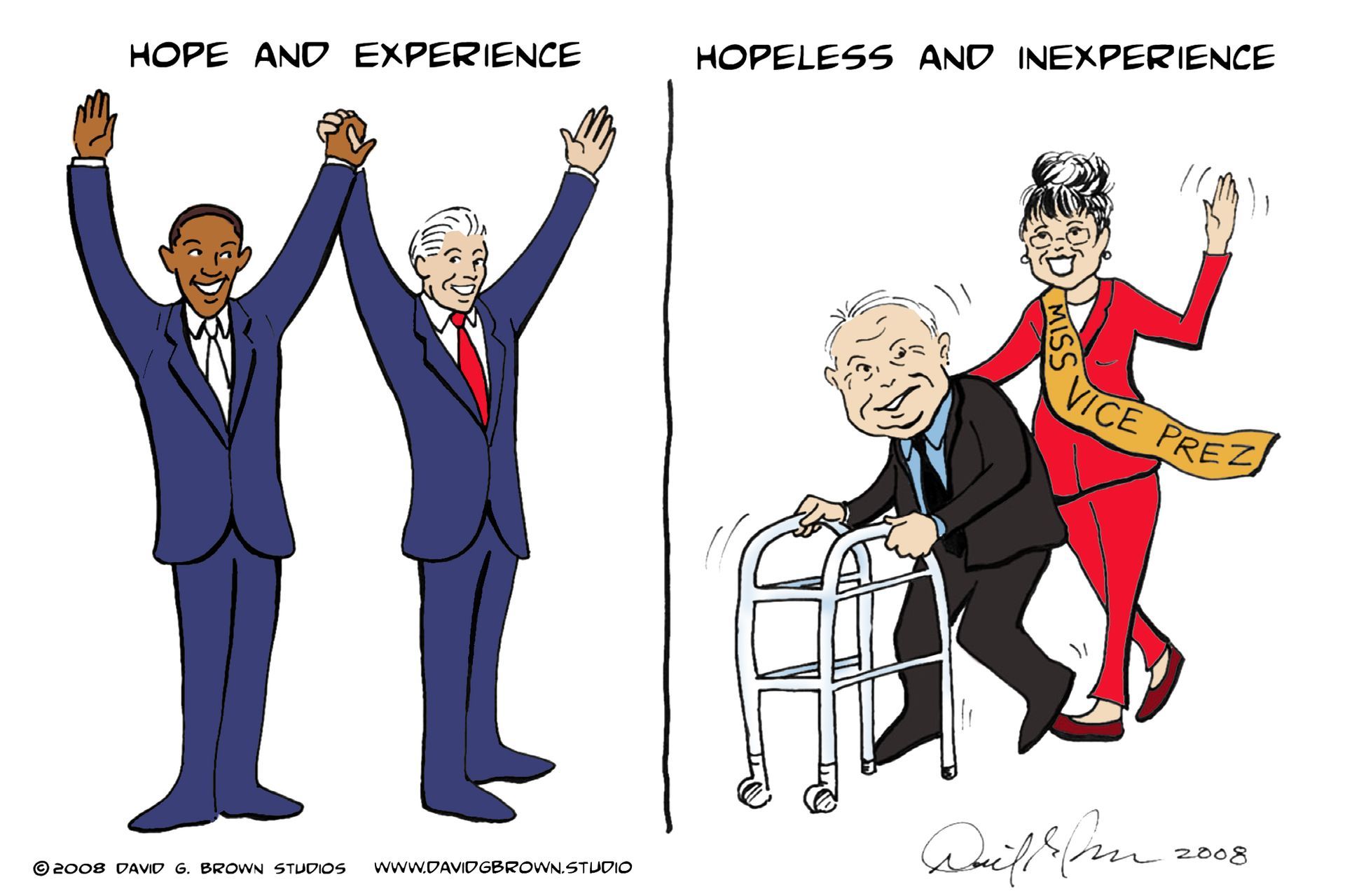 Cartoon: Obama and Bush with arms raised, labeled 