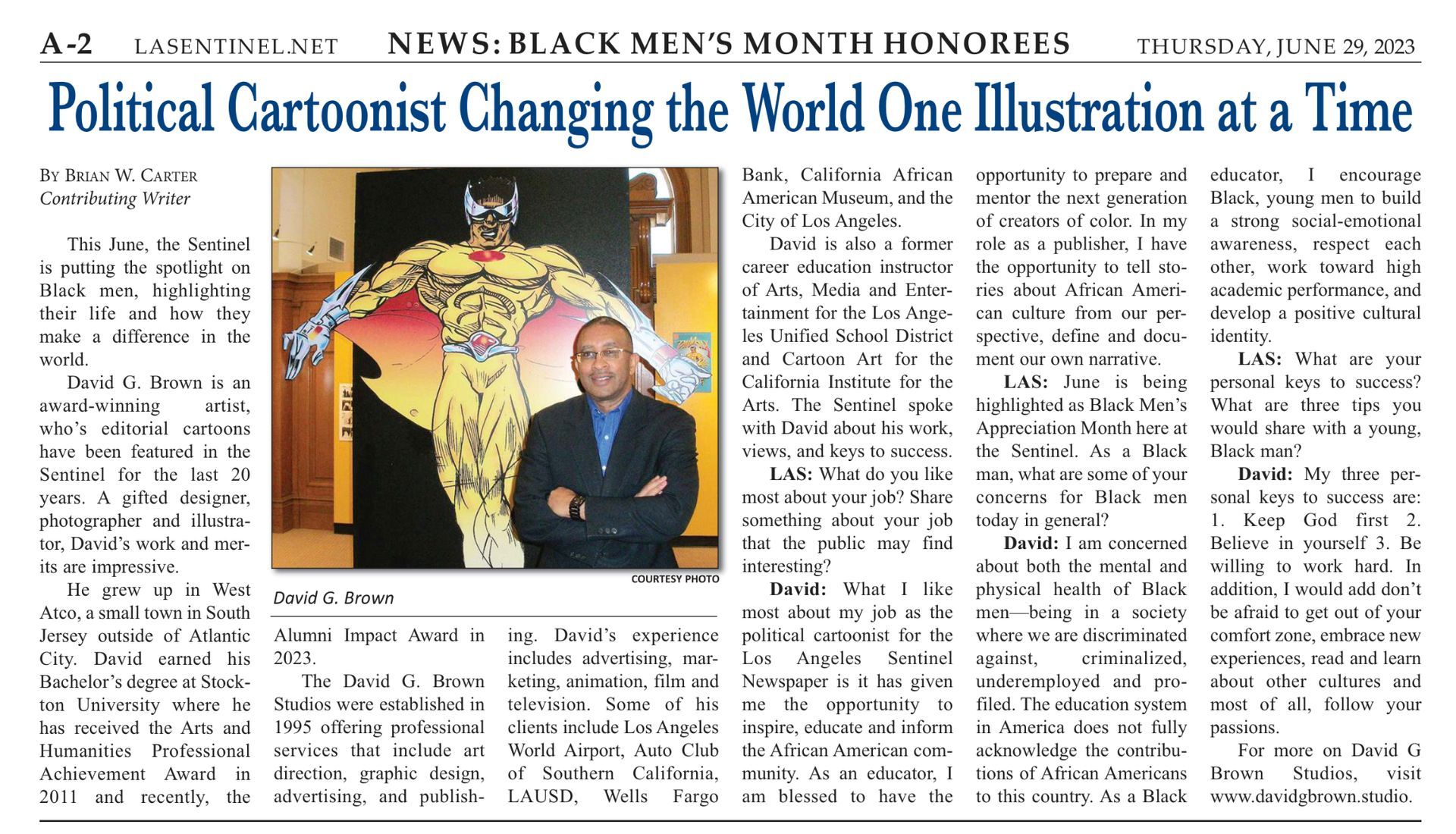 Newspaper article: Political cartoonist poses with his artwork, celebrating Black Men's Month.