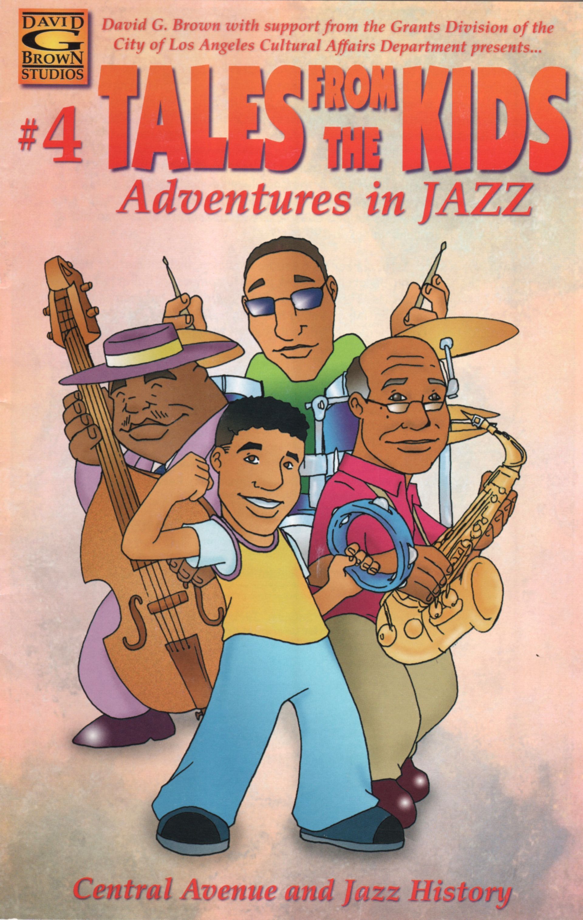 Cartoon of musicians. A young boy poses in front. Other characters play instruments. Jazz music theme.