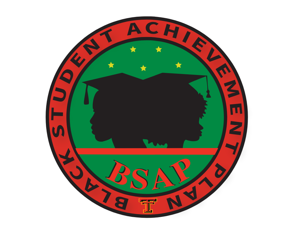 Black Student Achievement Plan logo: two silhouetted student heads under a graduation cap; red and green circular design.