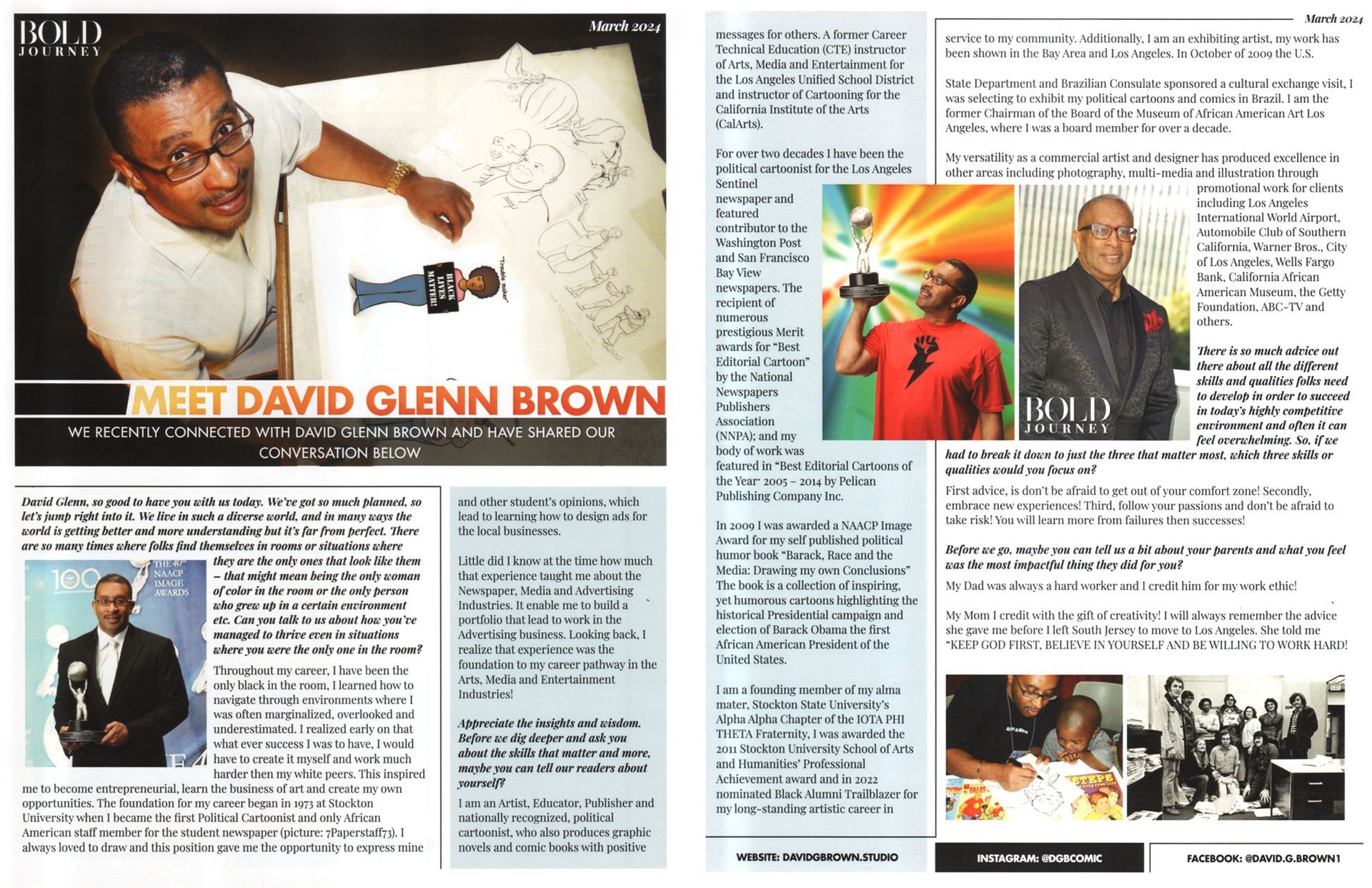 Article about David Glenn Brown; photos of him drawing, with awards, and posing.