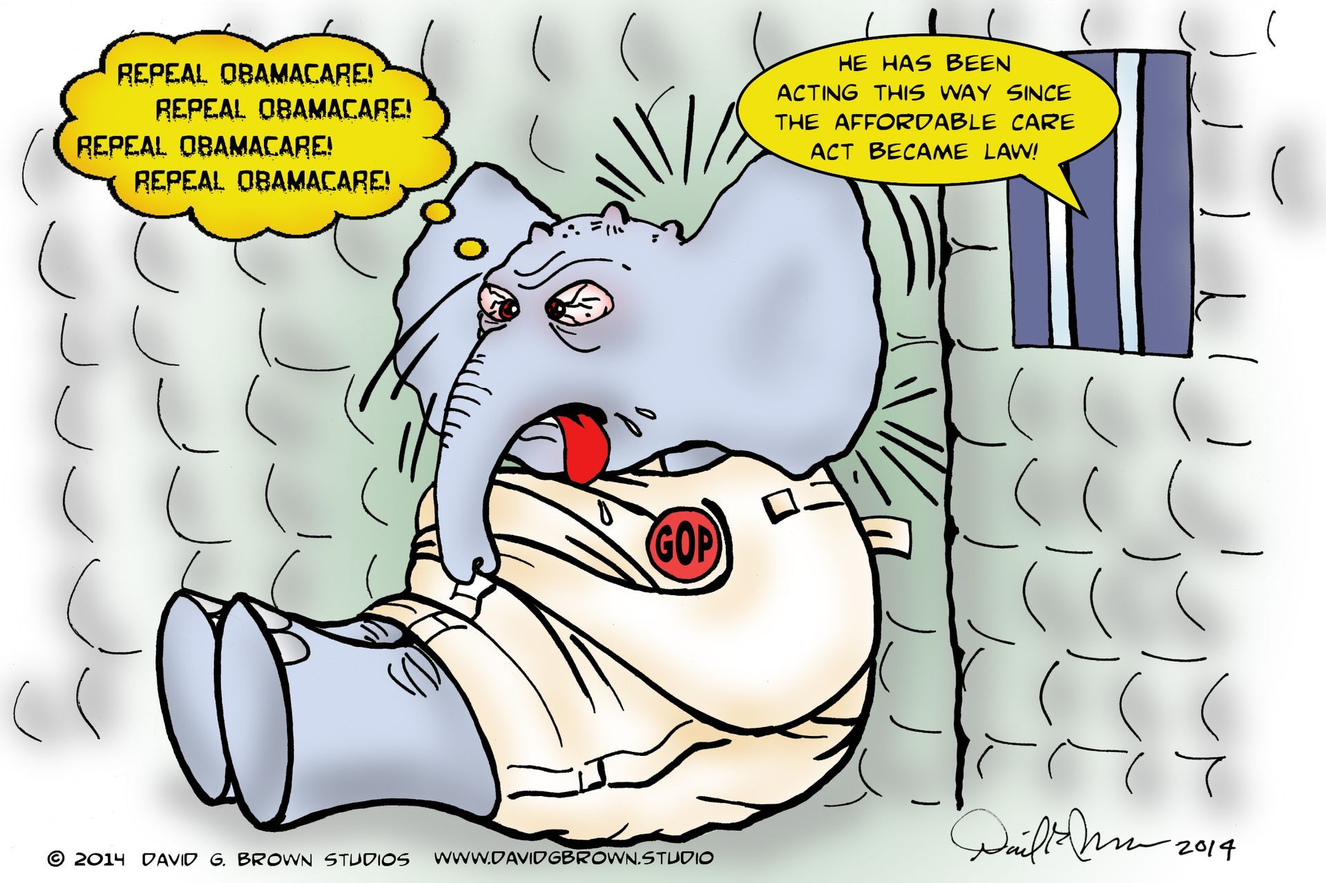 Cartoon: An elephant (GOP) in a straitjacket, in a padded room. Repeating 