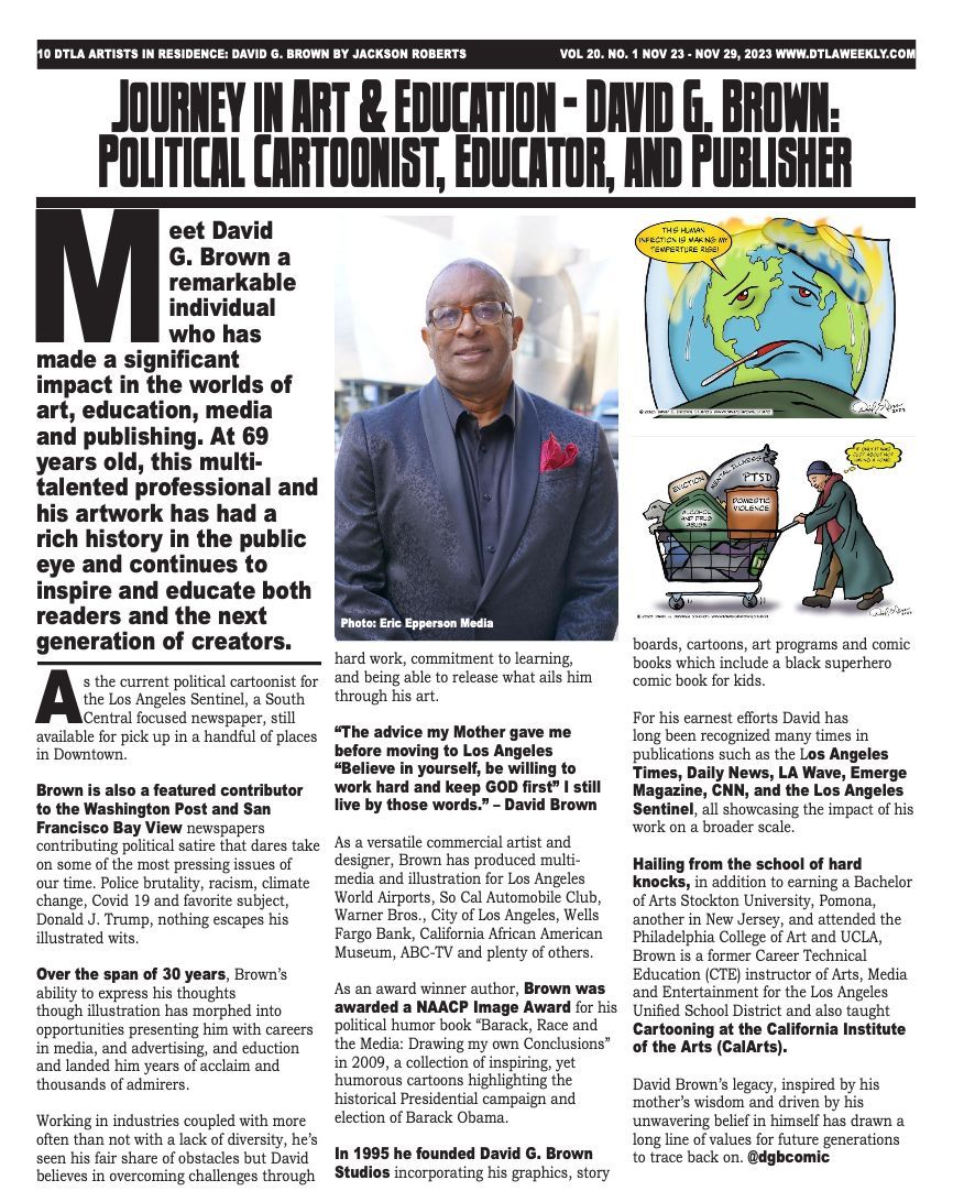 Article about David G. Brown. A photo of him, and two of his political cartoons.