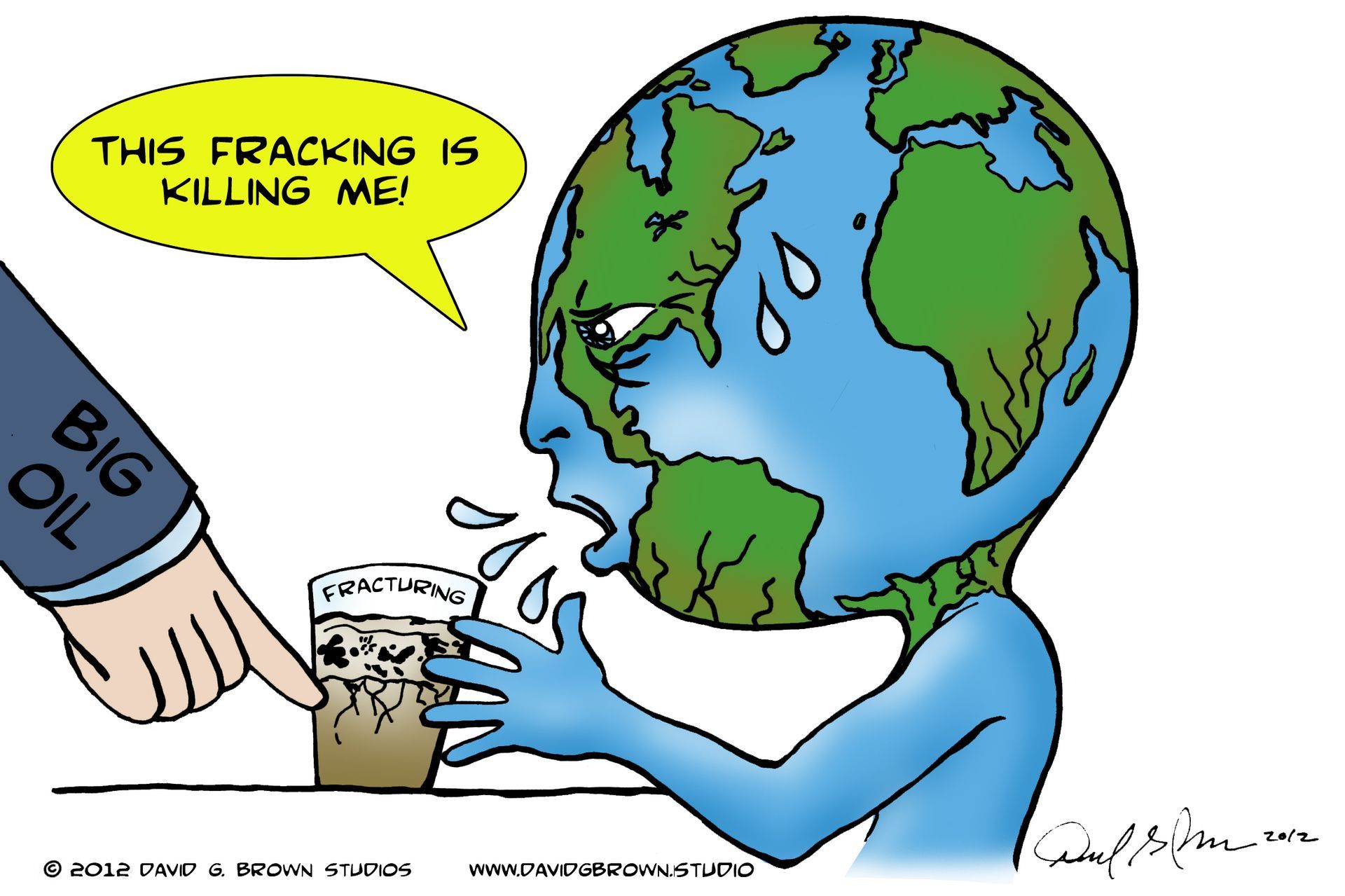 Earth, as a person, expresses distress. Big Oil points at contaminated water. 